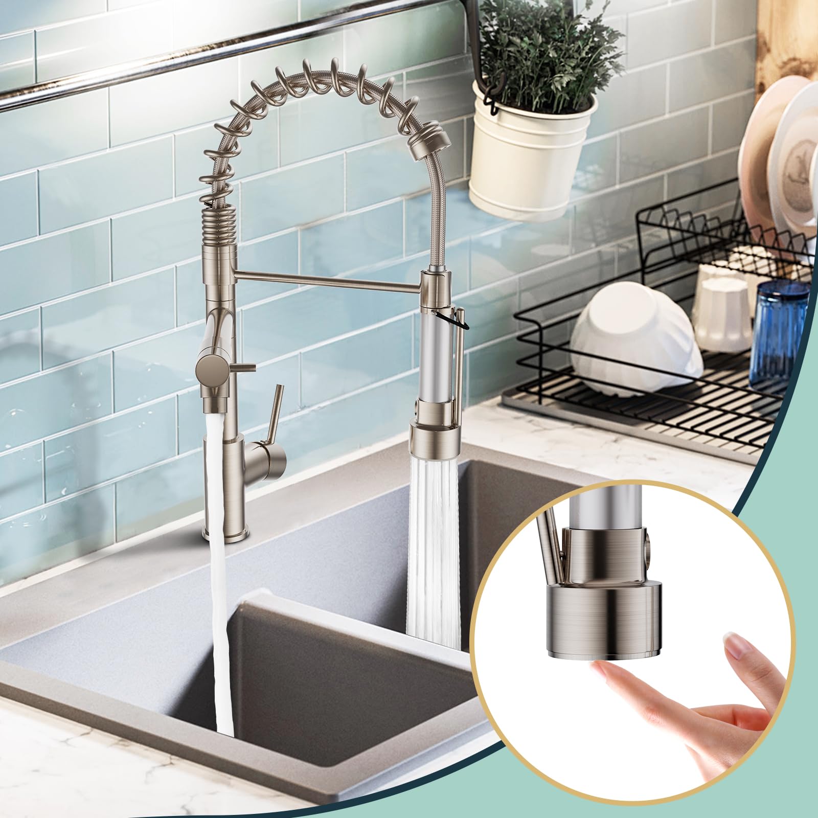 FORIOUS Grifo Cocina Acero Inoxidable Monomando con Giratorio 360° y Doble Rociador