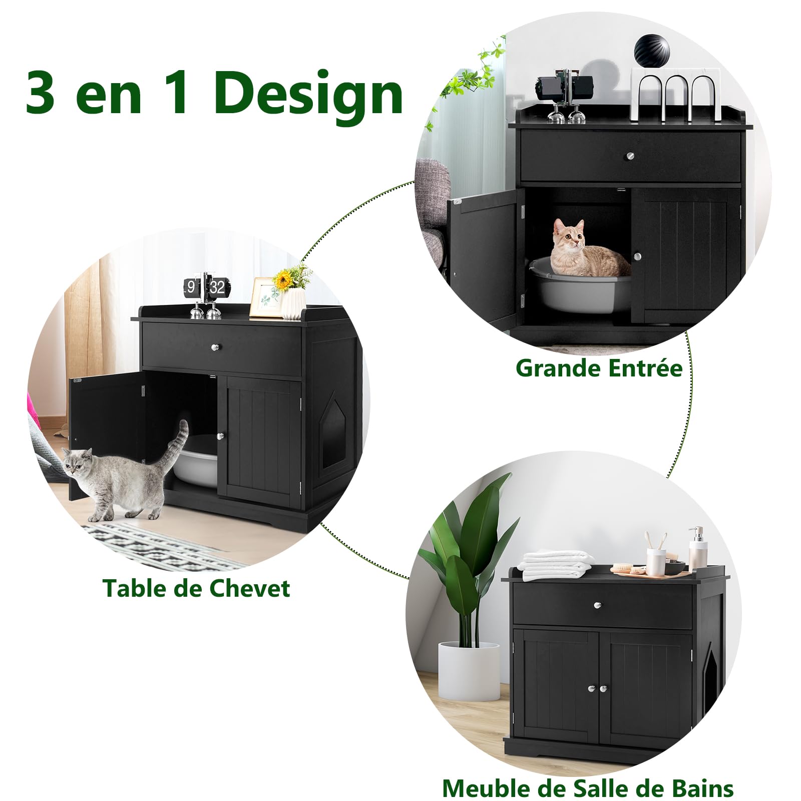 SOARS Maison de Toilette Chat avec 2 Portes et Tiroir, Armoire en Bois pour Chats avec Entrée Latérale, Abri Multifonction pour Salon, Chambre à Coucher et Entrée, 76 x 53 x 74 cm (Noir)