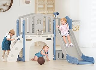 XJD 8 in 1 Toddler Slide, Kids Slide for Toddlers Age 1-3, Toddler Play Climber Playset with Basketball Hoop and Ball,Toddlers Outdoor Indoor Playground (Blue Glay)