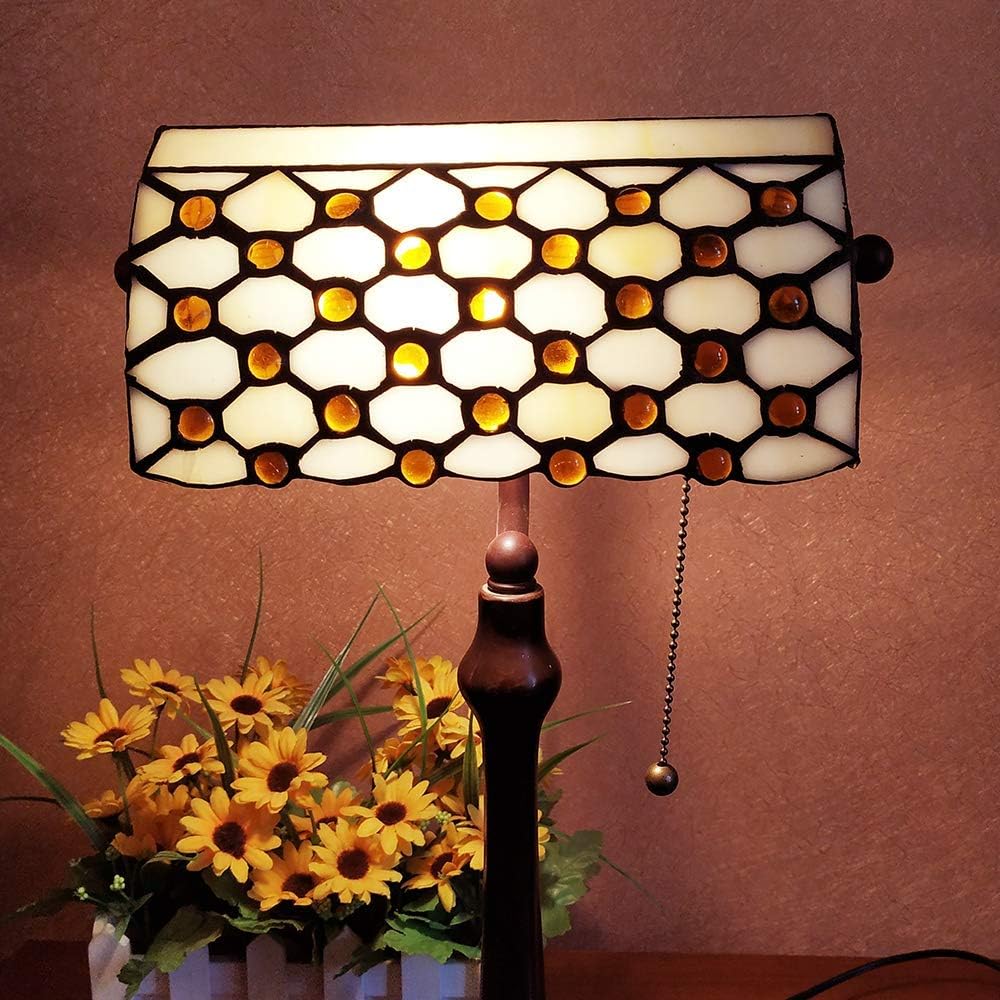 🔥 Crazy Deals HT Tiffany Style Traditional Banker’s Desk Lamp 10 Inch Wide Bead Curtain Stained Glass Shade Cast Iron Antique Base Traditional Handmade Lighting for Dining Room Living Room Bedroom Study Office