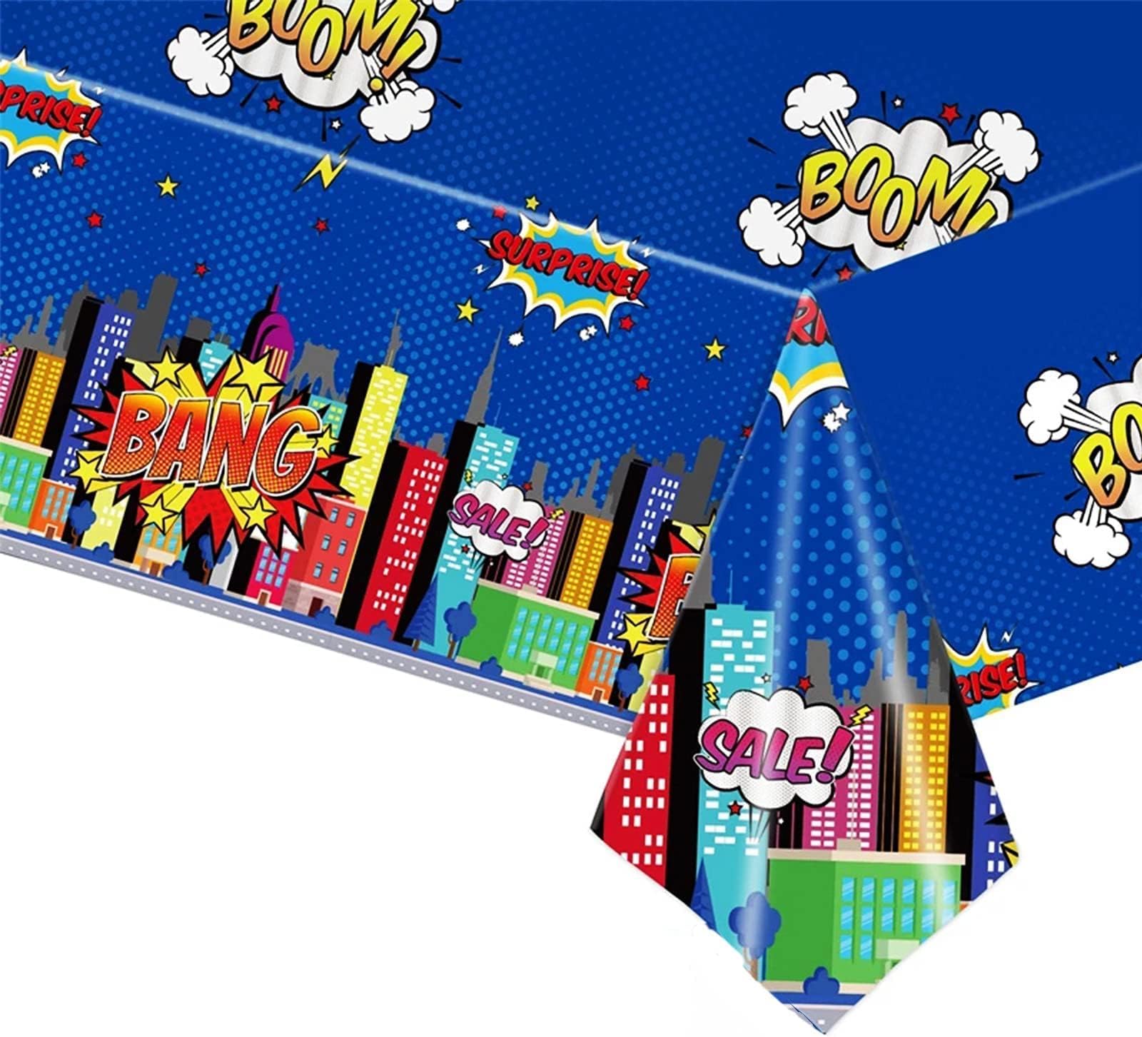 POPOYU Tovaglia blu eroe per feste, tovaglia per feste in città per ragazzi, 130 x 220 cm, in plastica, per feste di compleanno per bambini