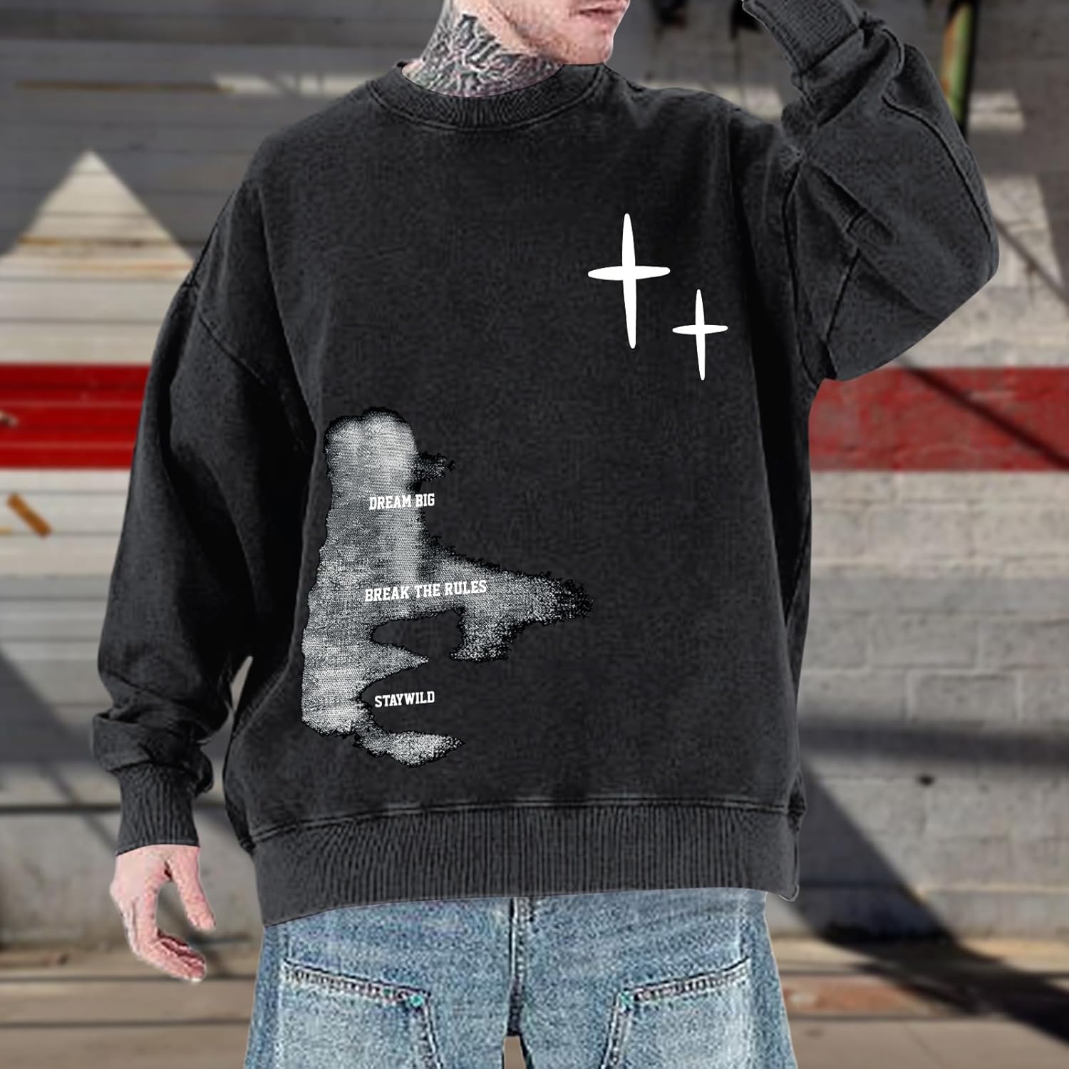 Weetioito Mens Graphic Sweatshirt Streetwear Crewneck Hoodie Baggy Grunge Pullover Hoodies Vintage Acid Wash Sweatshirts - Image 3