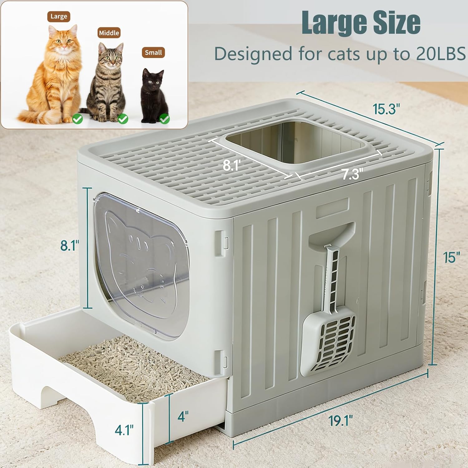 Cat Litter Box with Scoop, Large Foldable Litter Box with Lid & Drawer Tray, Top Entry Cat Litter Box, Odor Control, Easy to Clean for Small to Medium Cats (Light Gray, 19" L x 15.3" W x 15" H)