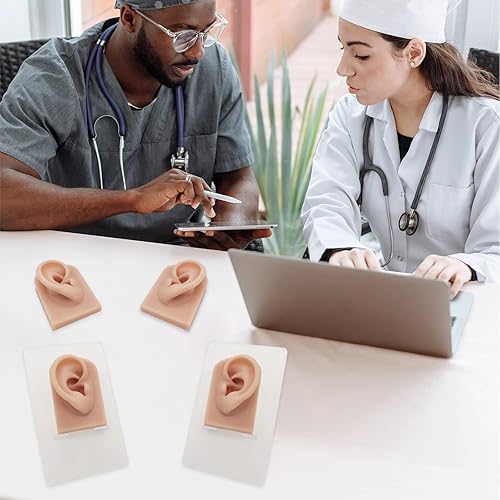 Miniatura 4 de 2 piezas de silicona modelo de oreja, con soporte acrílico, modelo flexible suave izquierdo y derecho, práctica de perforación de oreja falsa,