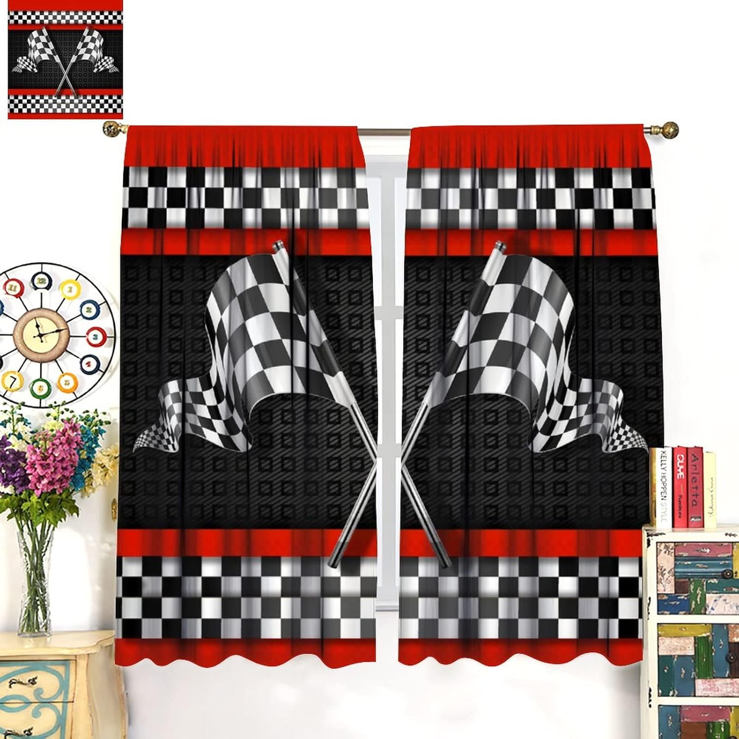 Race Car Flag Blackout Curtains for Bedroom - Abstract Modern Art Racing Car Black White Checked Flag Window Treatment,Rod Pocket Room Darkening Curtains 2 Panels 63L x 27.5W