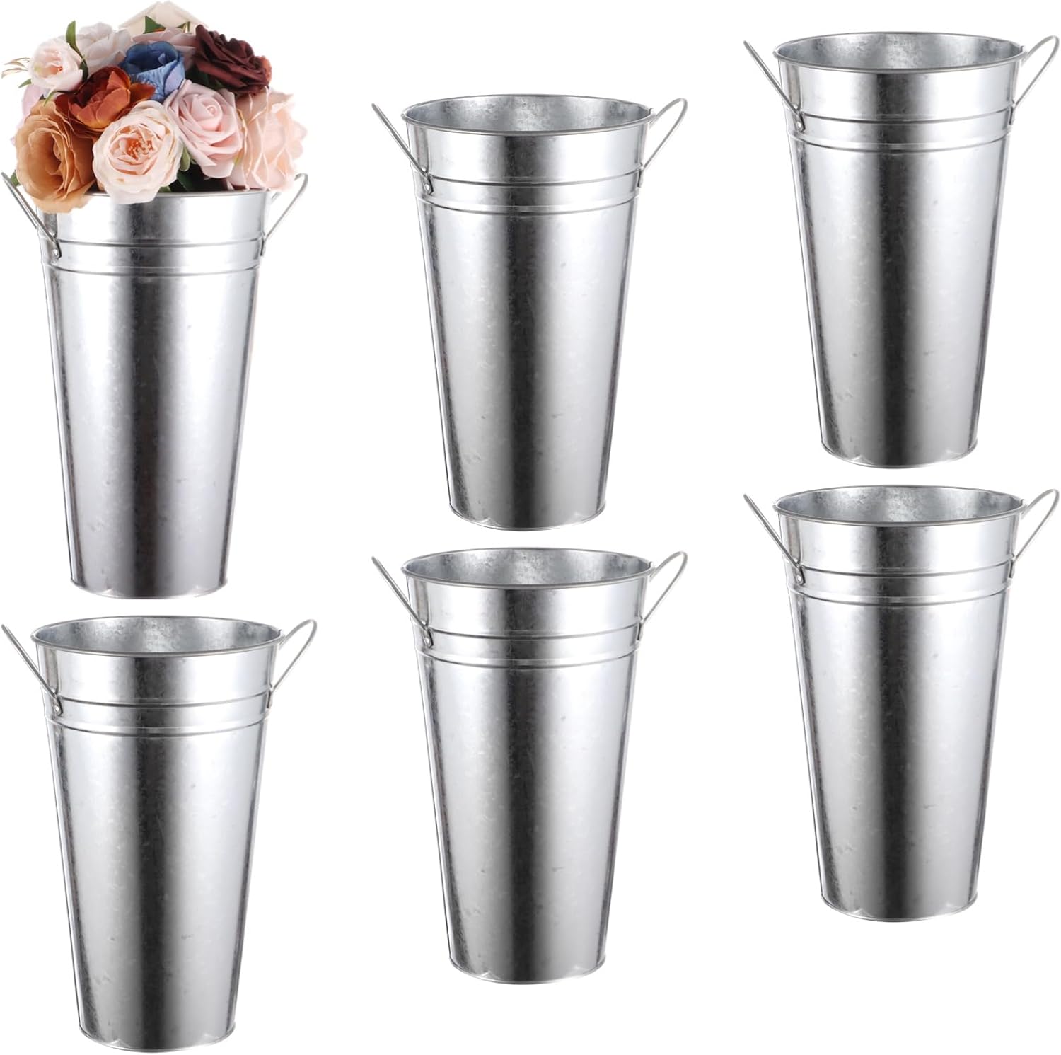 6 pcs flower buckets, galvanized metal vases,11.8 inches flower vase with handles, french flower bucket?rustic farmhouse vases for home decor wedding table