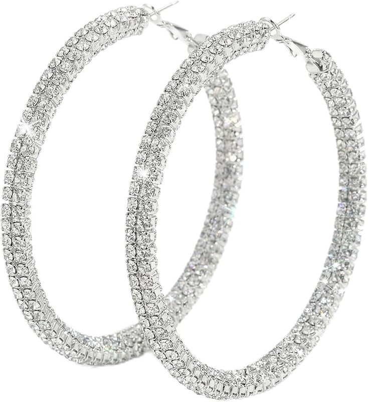Lightweight Rhinestone Hoop Earrings For Women, Dainty Large Silver Rings, Hypoallergenic Sparkly Bling Jewelry, Prom Party Accessories, Wedding Dress Gift