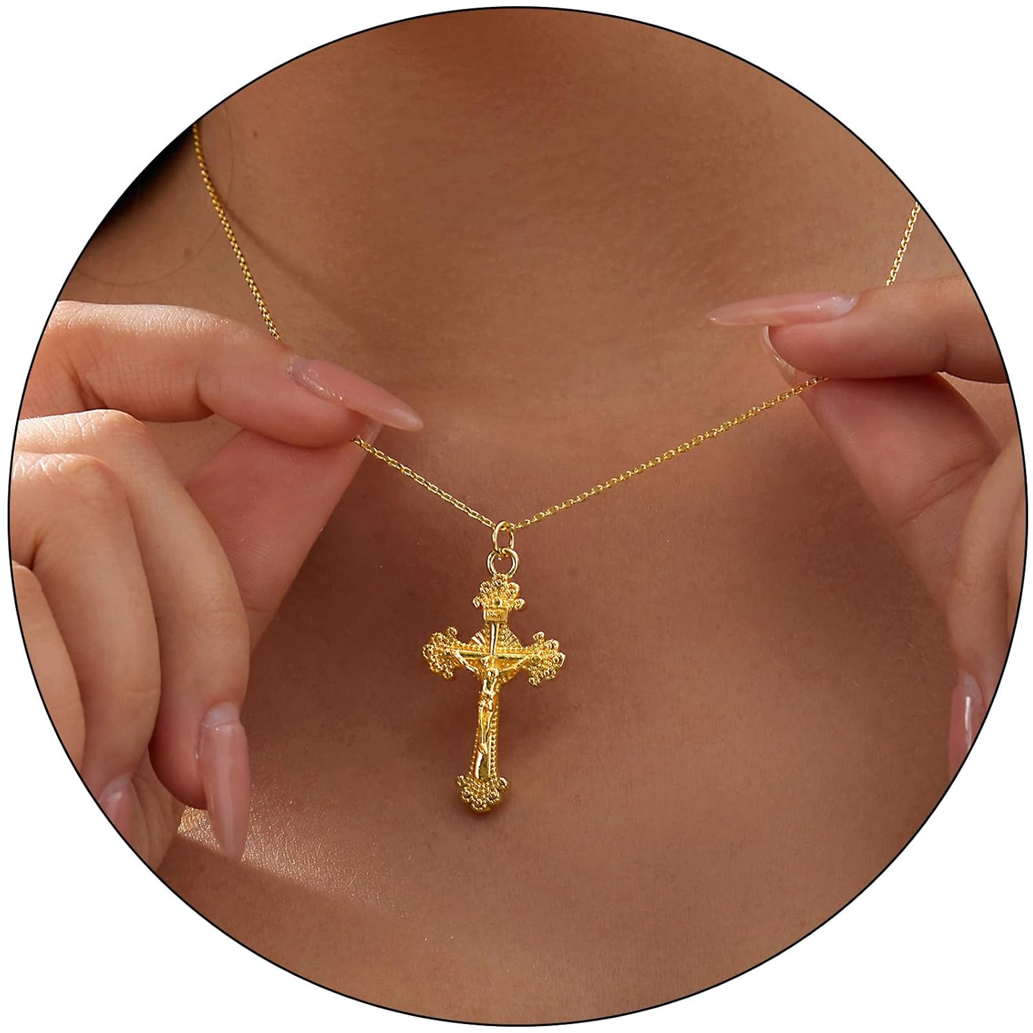 Jesus Cross Necklace for Women 14K Gold Plated Choker Holy Cross Chain Dainty Faith Crucifix Pendant Baptism Christian Necklace for Women Trendy Religious Jewelry Non Tarnish Hypoallergenic (Baroque Cross) Thumbnail