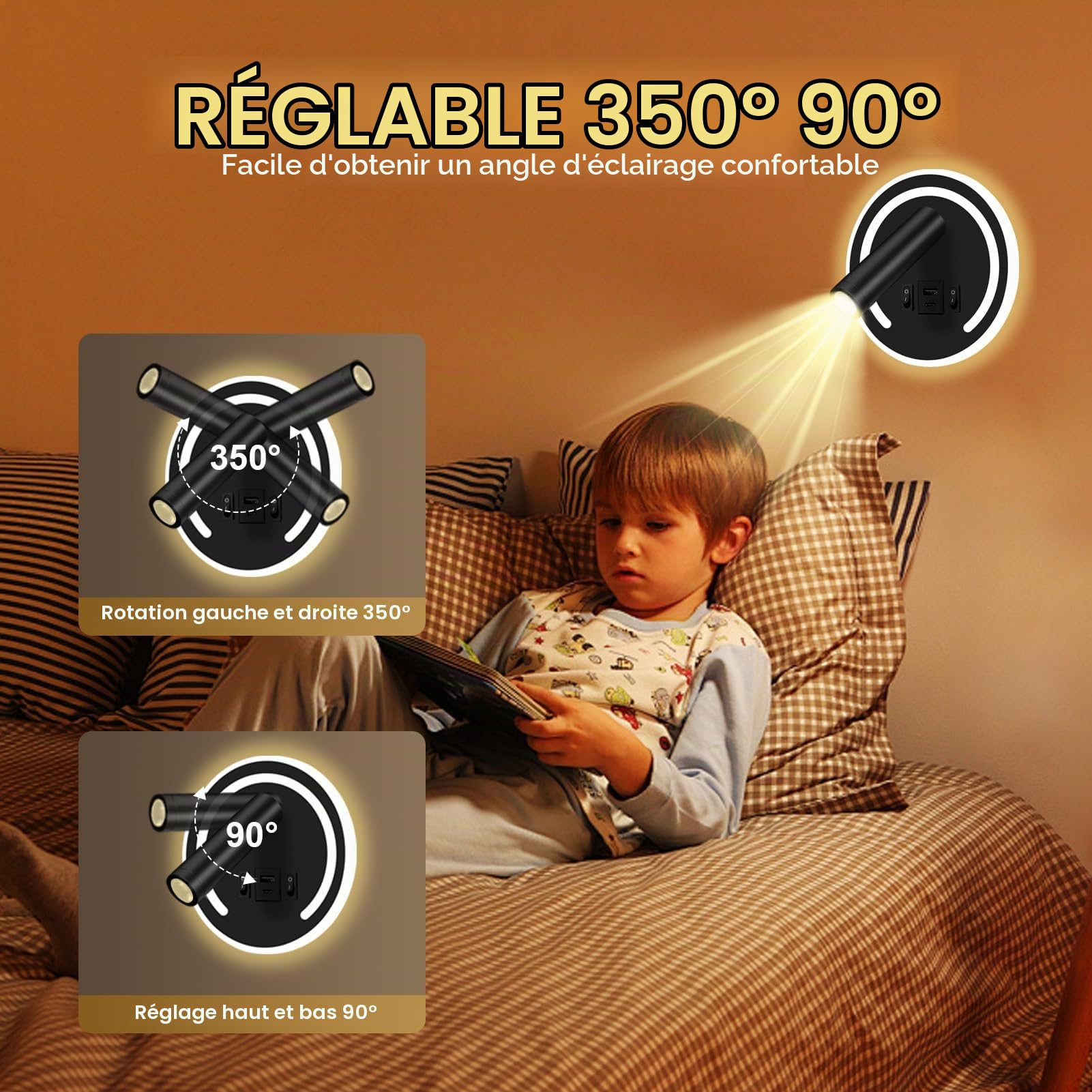 HUIZHOU applique liseuse 3W + 9w LED lampe de lecture, port de charge USB, lampe de chevet rotative 3000k pour chambre à coucher, escalier, couloir, Bureau (Rond noir)