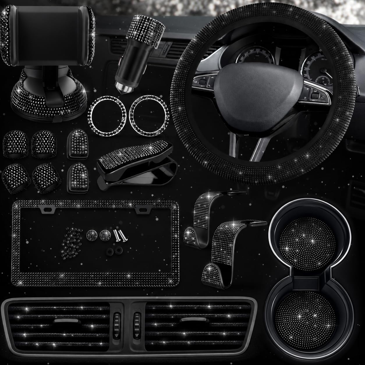 Black Bling Car Accessories Set, 27 Pcs, for Women Drivers
