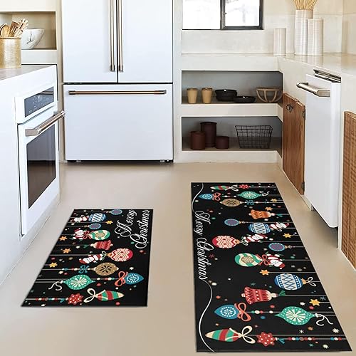 Miniatura 4 de Alfombras y tapetes de cocina de Navidad, alfombras y tapetes negros de Navidad de Papá Noel, antideslizantes, lavables, tapetes navideños de bajo