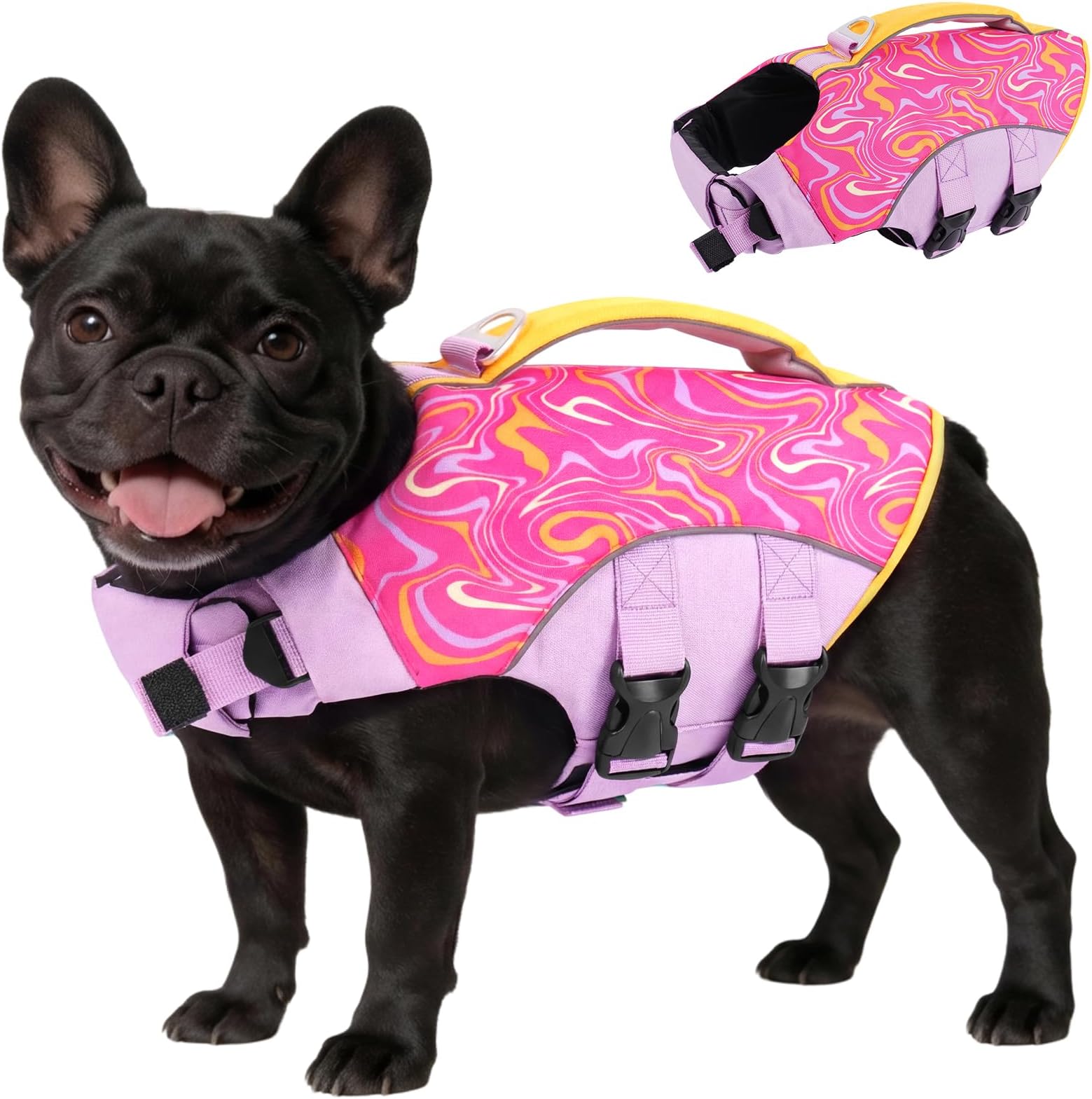 BRKURLEG Dog Life Jacket, High Buoyancy Dog Life Vest for Swimming Boating, Adjustable Reflective Pet Flotation Vest with Rescue Handle, Small Medium Large Dogs Lifesaver for Pool Beach, Purple M
