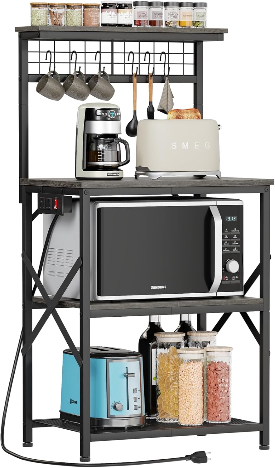 Furologee Kitchen Bakers Rack with Power Outlet, Coffee Bar Station with Storage 4 Tiers, Microwave Oven Stand with 6 S Hooks, Kitchen Storage Shelves Rack for Spices, Pots, Black Oak