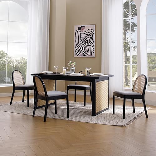 Miniatura 7 de Juego de 2 sillas de comedor de ratán, modernas sillas de comedor con respaldo de bastón, cómoda silla de cocina, silla tapizada de tela de lino