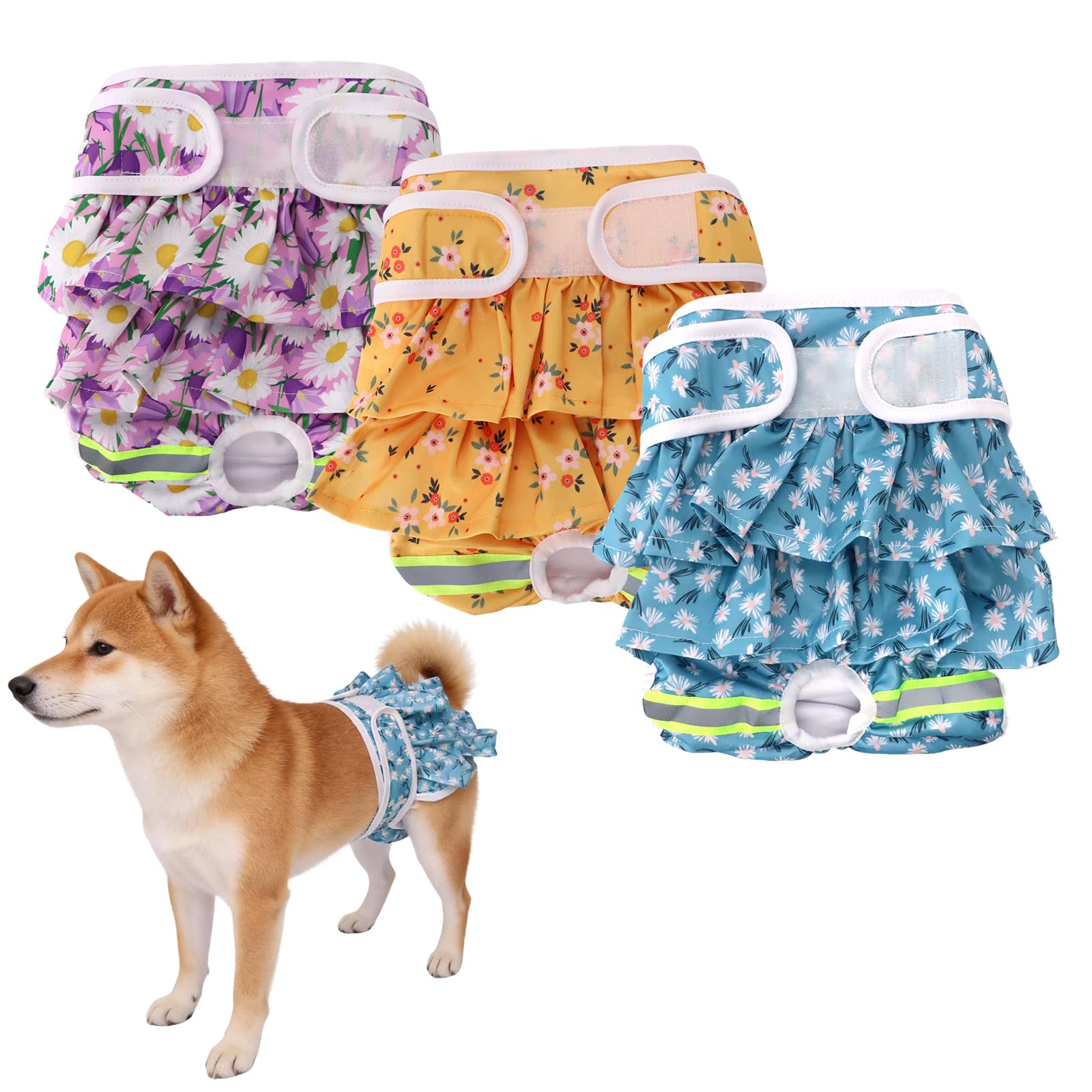 EOAMGO Dog Nappies Female - Comfortable Dog Period Pants,Puppy Diapers Knickers for Heat & Season (Flower (Yellow/Pink/Blue), S, count, 3.0)