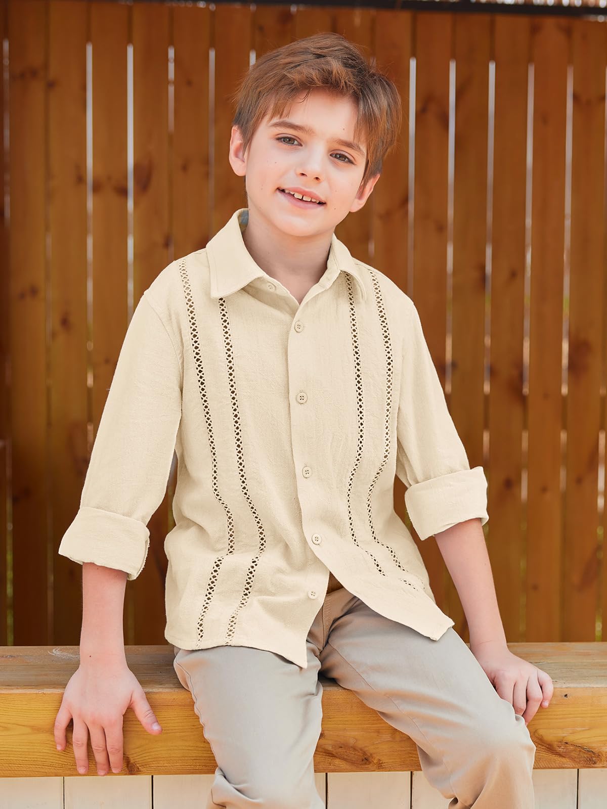 Haloumoning Camisa guayabera cubana para niños de 5 a 14 años
