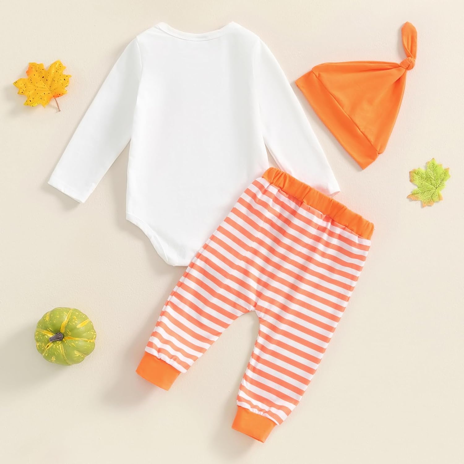 Baby Boy Girl Pumpkin Costume Letter Print Long Sleeve Romper Striped Elastic Waist Pants Hat 3 Piece Set - Image 3