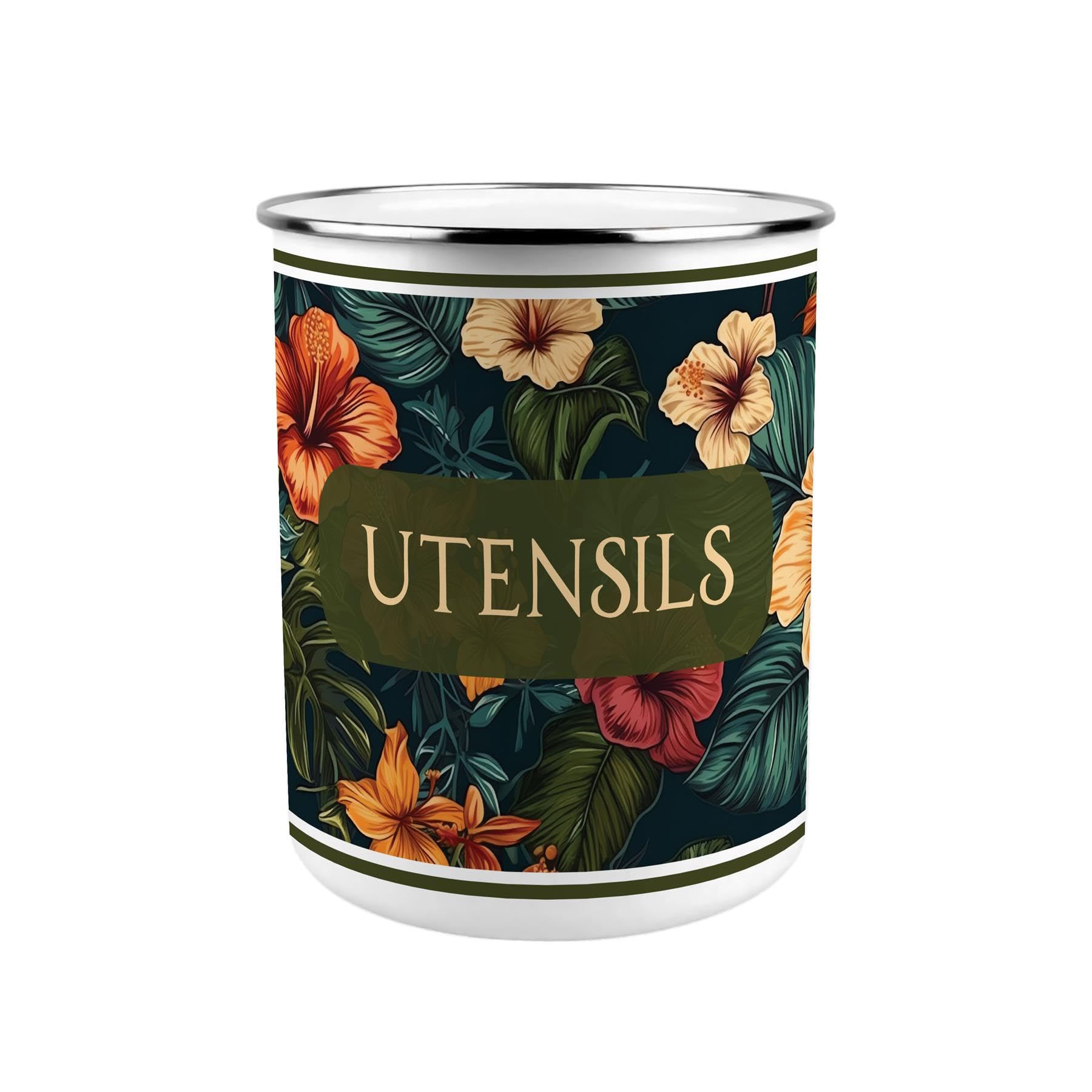 Purely Home Hibiscus Flowers Metal Utensil Holder - XL Kitchen Utensil Pot/Organiser for Countertop Decor Gift 18x16.5cm