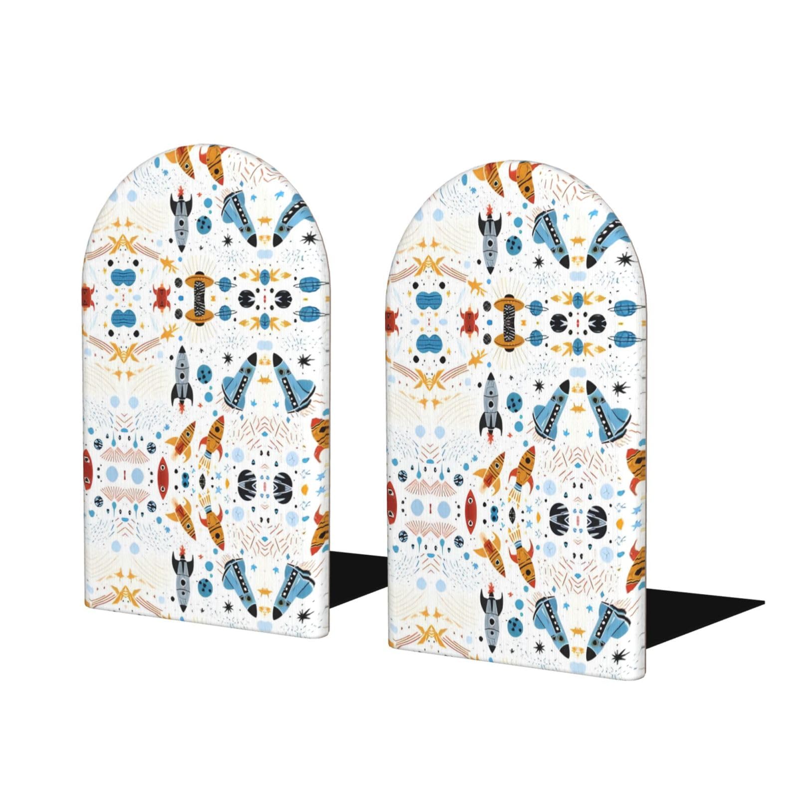 Cartoon Rockets Stylish Bookends with Full-Print Design Durable Wooden and Metal Bookend Set for Home, Office