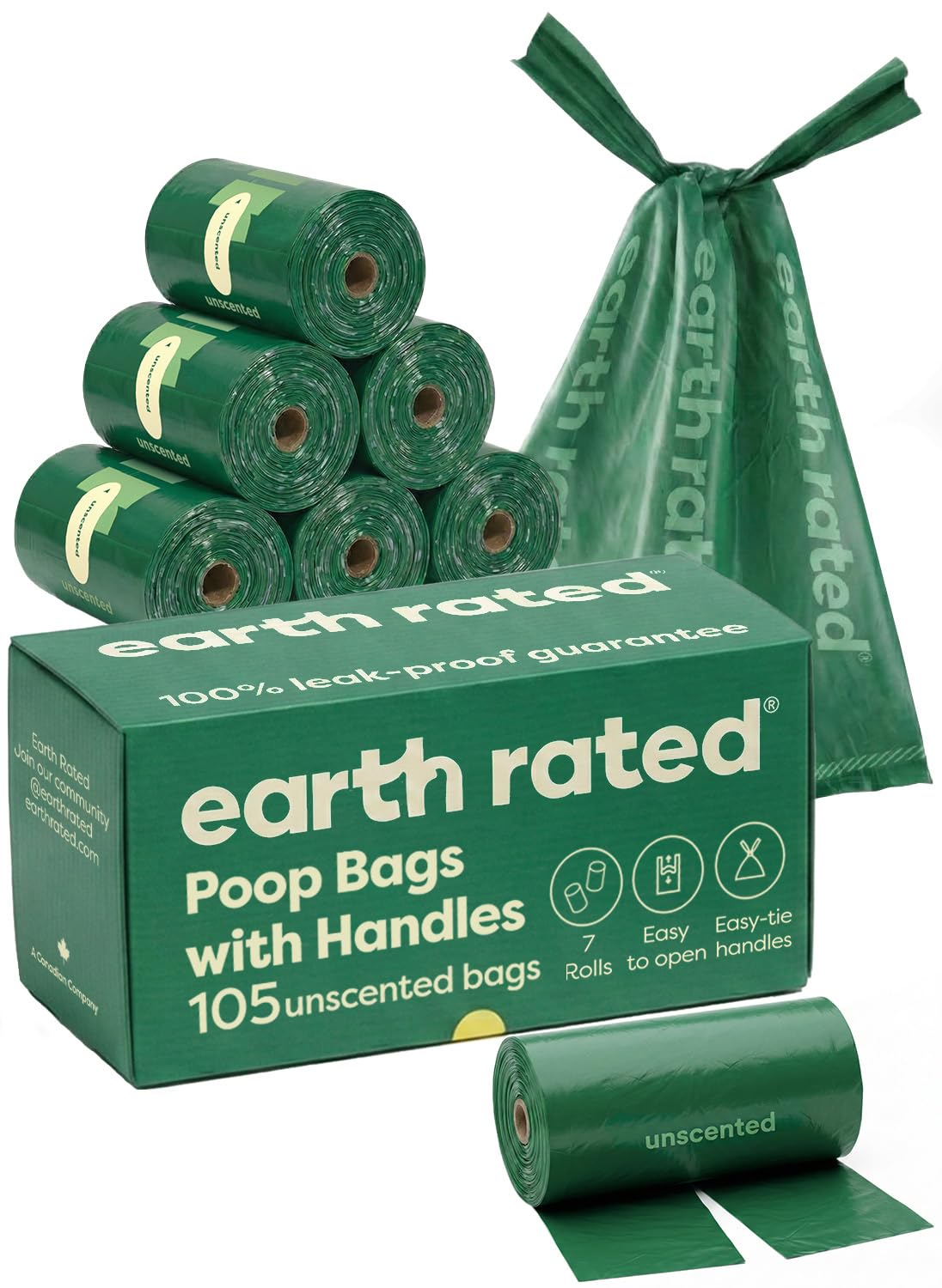 Earth Rated Dog Poop Bags with Tie Handles on Refill Rolls, Extra Wide, Easy-Tie Opening, Guaranteed Leak-Proof, Unscented, 105 Count