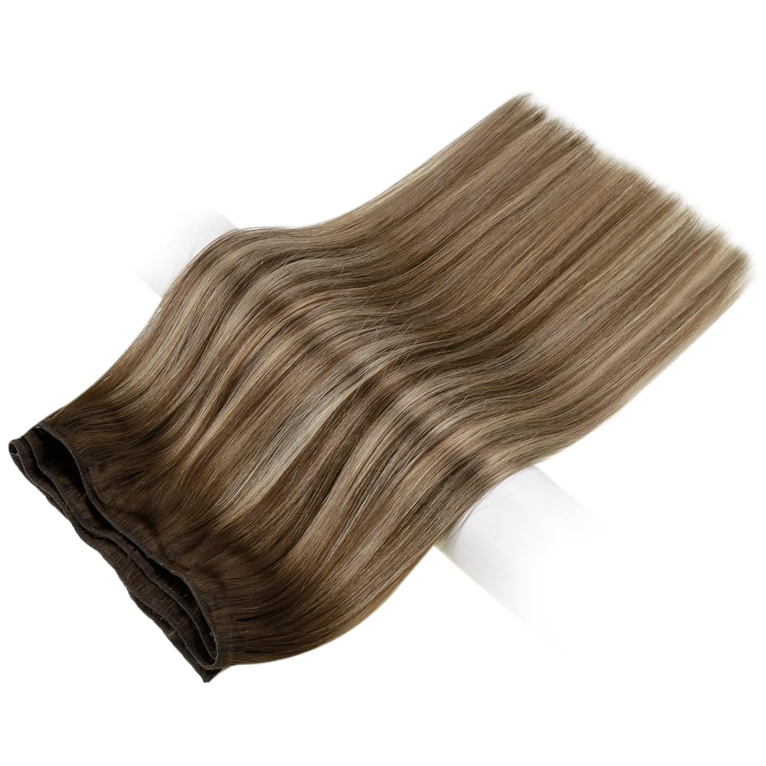 Vivien Straight Human Hair Extensions - Balayage Brown, Black to Brown Mix, Caramel Blonde - Clip in Hair Extensions 16 Inch 120g for Women 7pcs