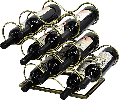 LushAccents Estante de vino para encimera, 7 botellas, moderno, de metal dorado, pequeño, soporte de vino de 3 niveles para encimera, despensa,