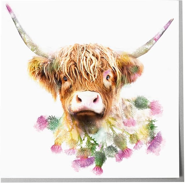 Lola Design - Wildlife Botanical Greeting Cards - Blank Cards and Envelopes - Highland Cow