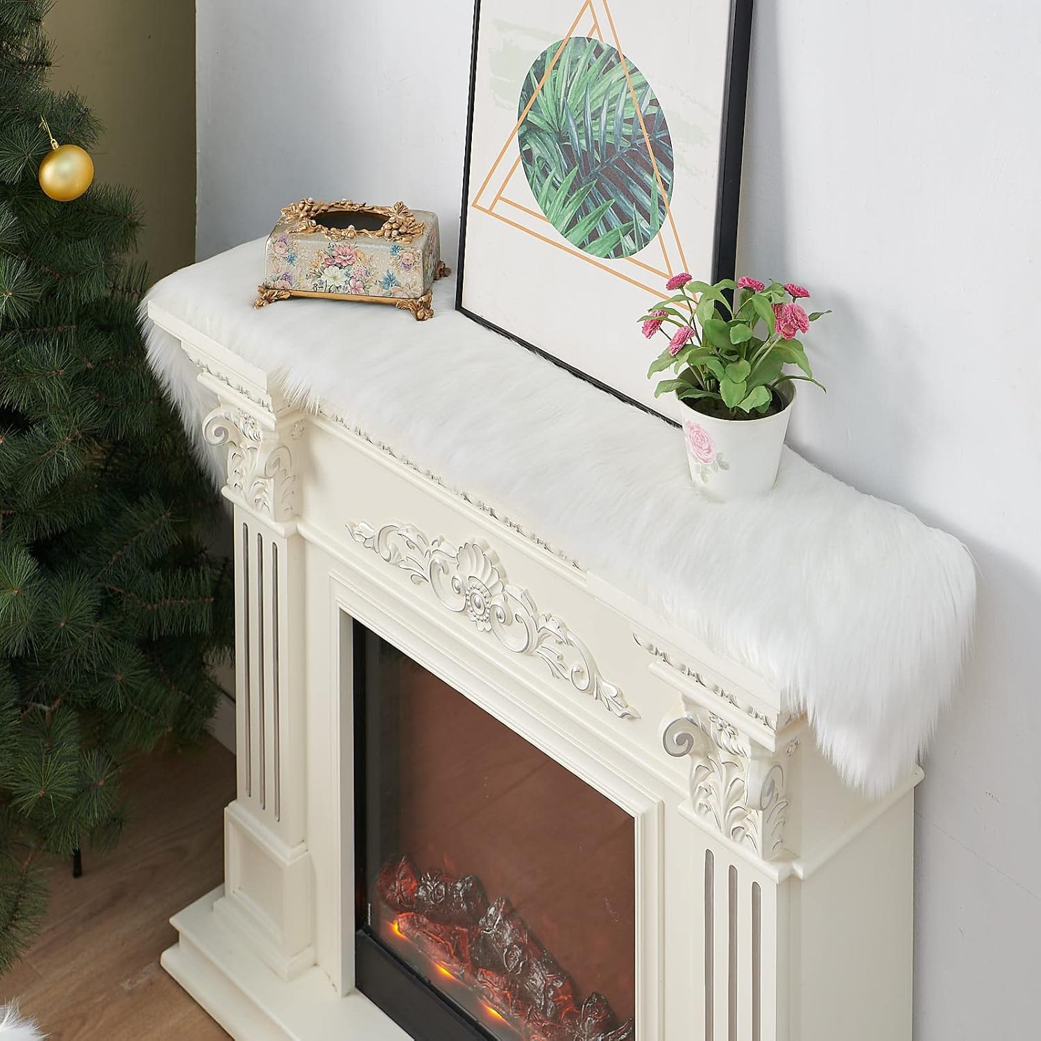 Faux Fur Christmas Table Runner, Home Dinning Table Decor for Holiday ,Party , Xmas, Halloween, Thanksgiving, Dresser, Fireplace Decorations (White, 11.8x70.8 inch)