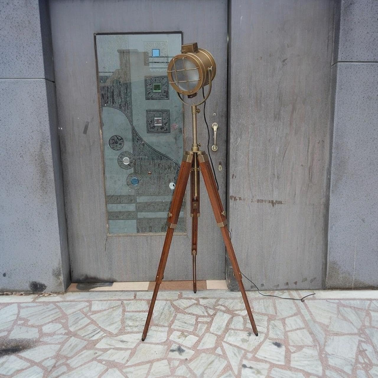 Vintage Nautical Tripod Floor Lamp – 72” Adjustable Antique Brown Spotlight with Foot Switch for Living Room, Office & Home Decor”