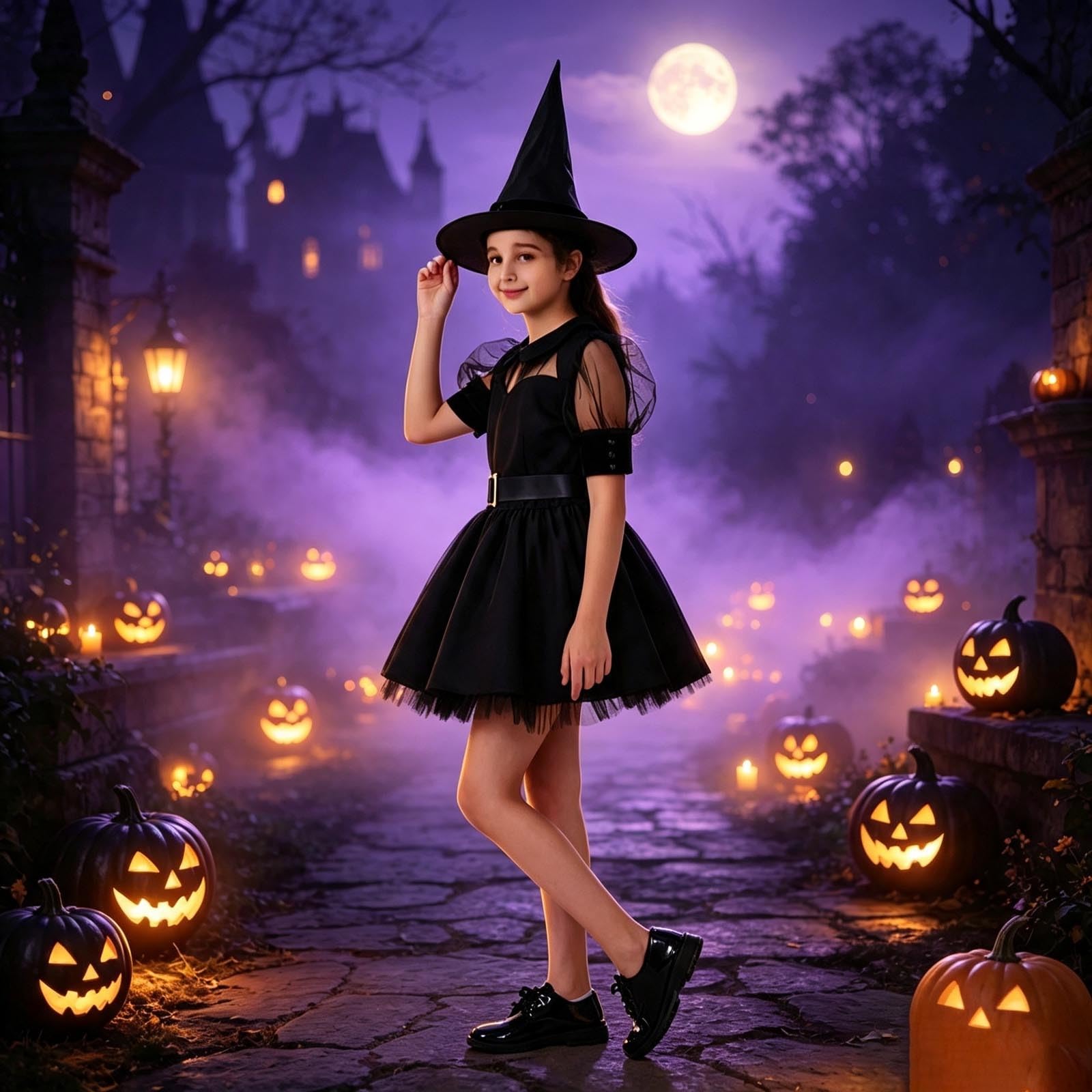 Generisch Incantevole costume da strega per bambini con maniche a scalate, abito nero per ragazze, vestito magico per feste per bambini, vestito per travestimenti per la stagione