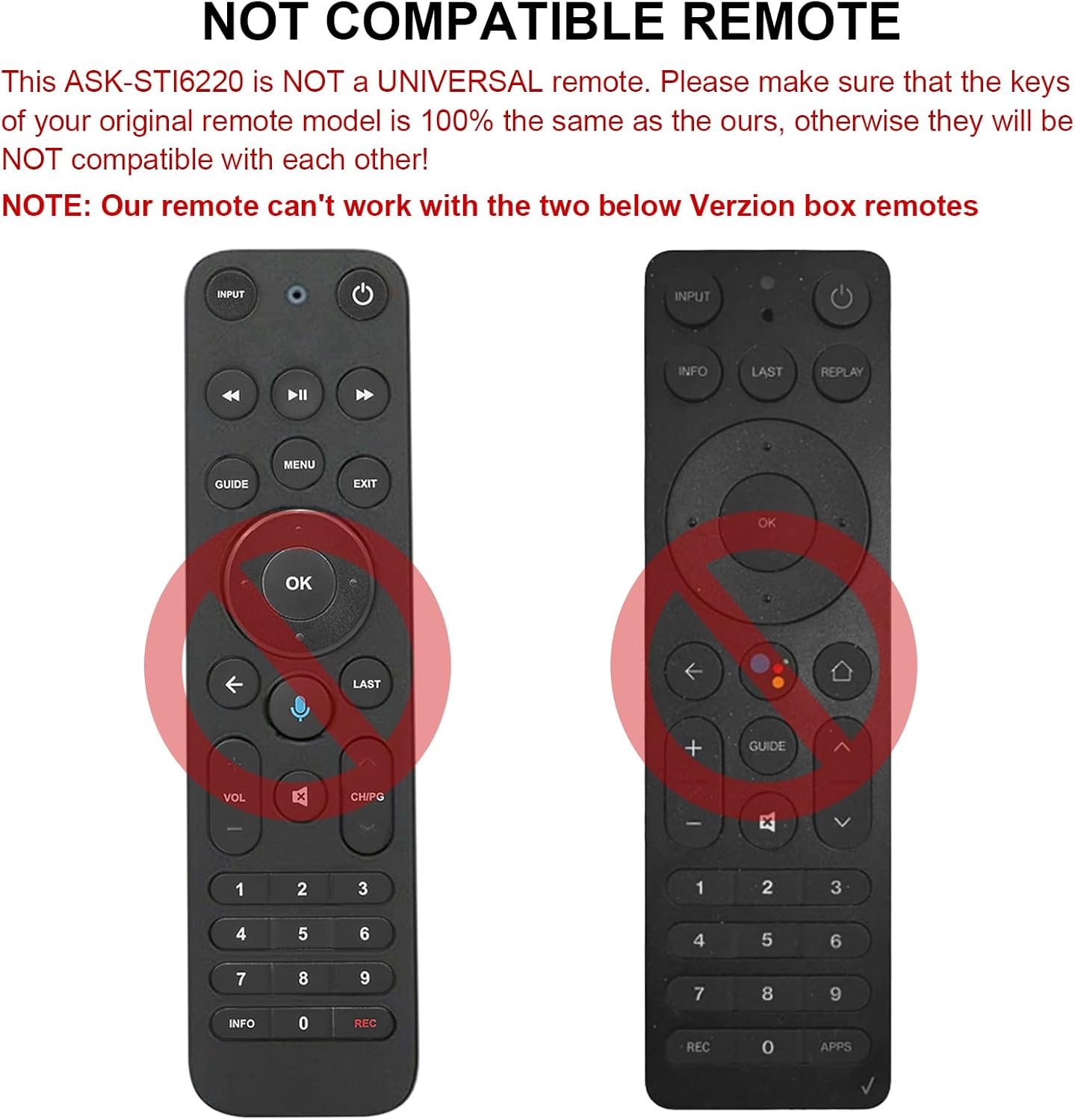Image showing two Verizon remotes that are NOT compatible with the ASK-STI6220 remote, highlighted with red crosses.