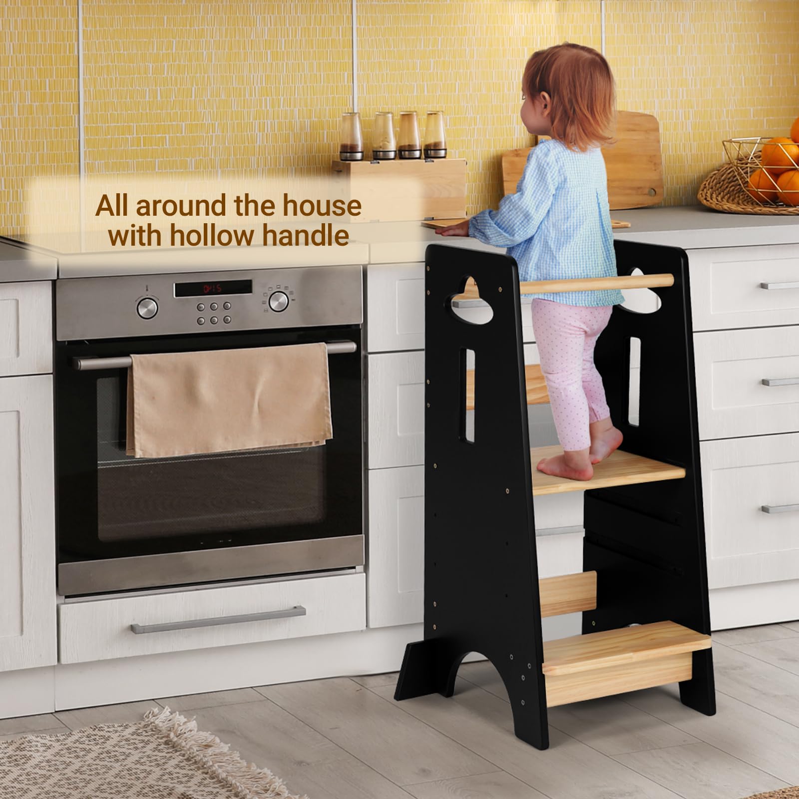 COSYLAND Höhenverstellbarer Kleinkind-Stehturm – super Stabiler Kleinkind-Küchenhocker, Helfer – 3 Ebenen, Holz-Kinder-Lernhocker für Küche, Toliet (schwarz und natürlich, groß)