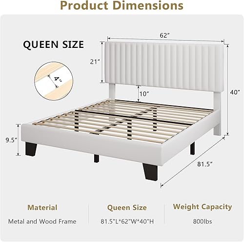 Miniatura 2 de iPormis Base de cama tamaño Queen, plataforma tapizada con cabecera vertical de terciopelo, patas anchas y soporte de listones de madera fuerte, no