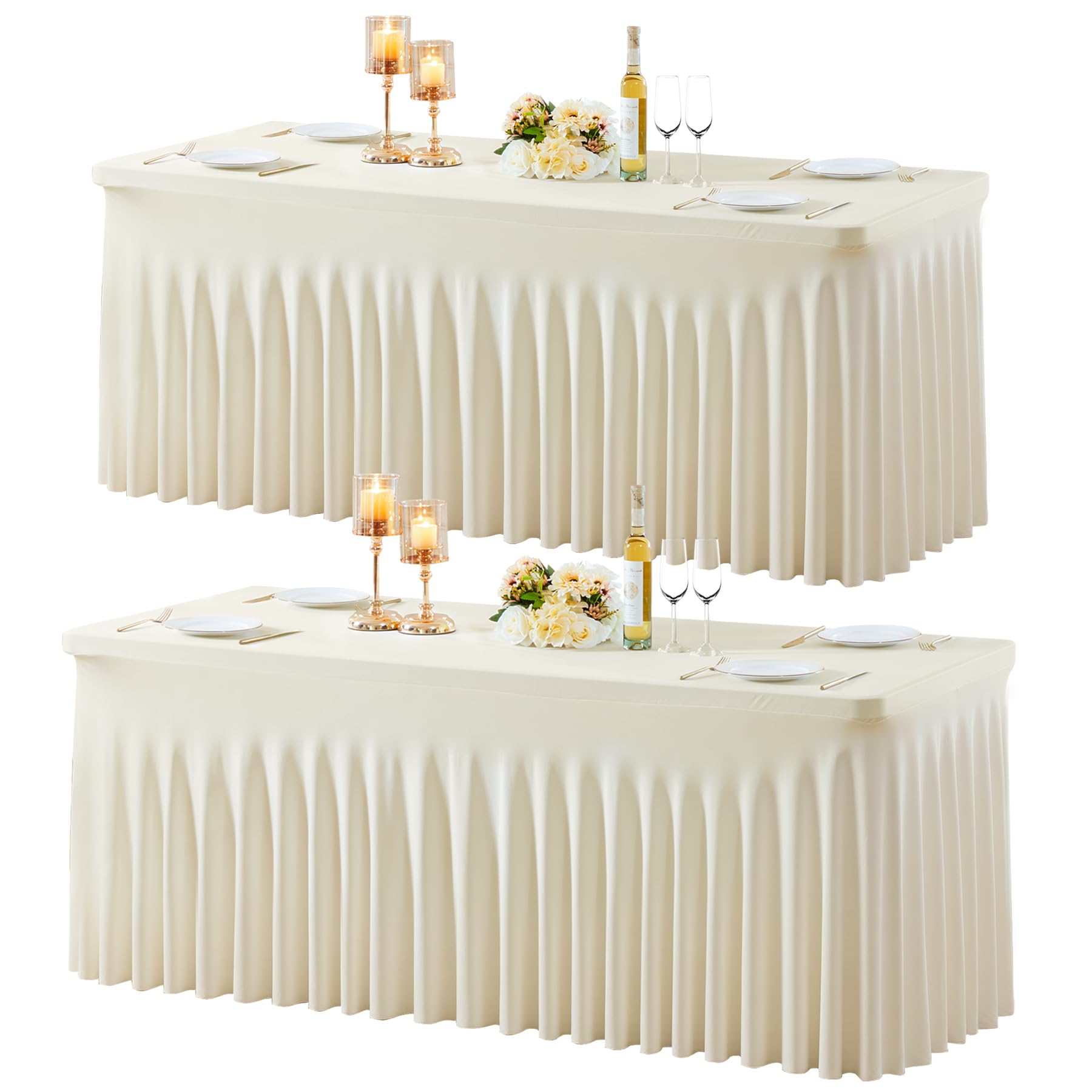 Photo 1 of 2 Pack Beige Table Cloth for 6 Foot Rectangle Tables Spandex Fitted Tablecloth 6ft Stretch Table Covers Skirt Beige Banquet Tablecloths Wrinkle Free Tablecloth for Party Wedding Birthday Event