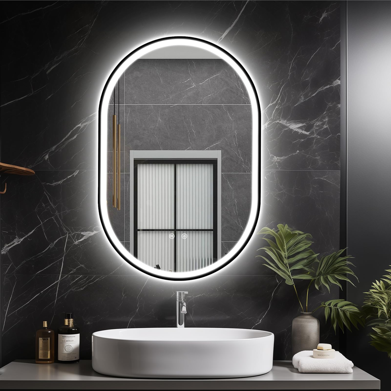 LED Badspiegel Oval 75x50cm mit Beleuchtung und Schwarzem Rahmen