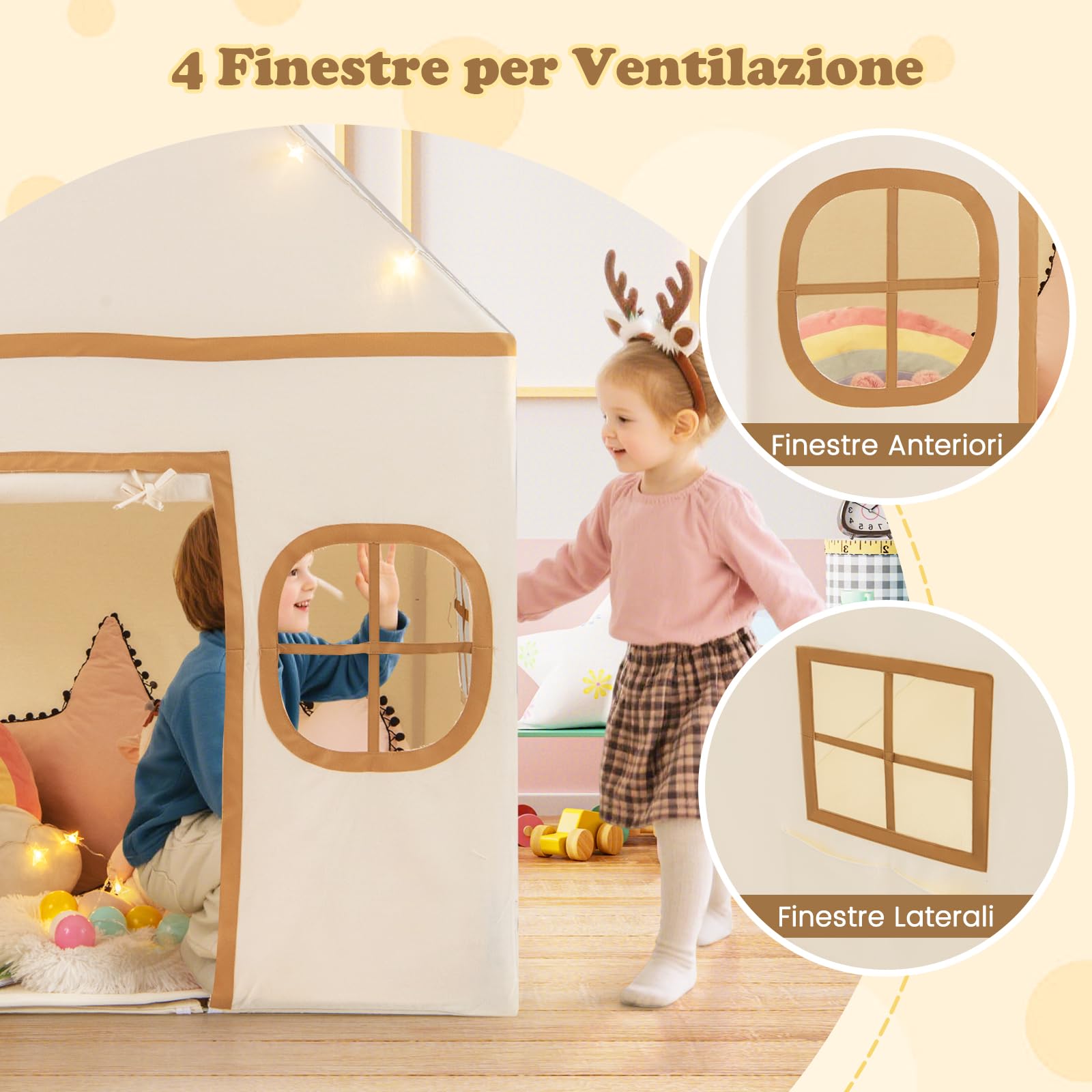 RELAX4LIFE Tienda de Juego con Forma de Casita para Niños, Casita Infantil Plegable con Luces Brillantes, 4 Ventanas Ventiladas, Colchón Suave de Algodón para Exterior e Interior (Café)