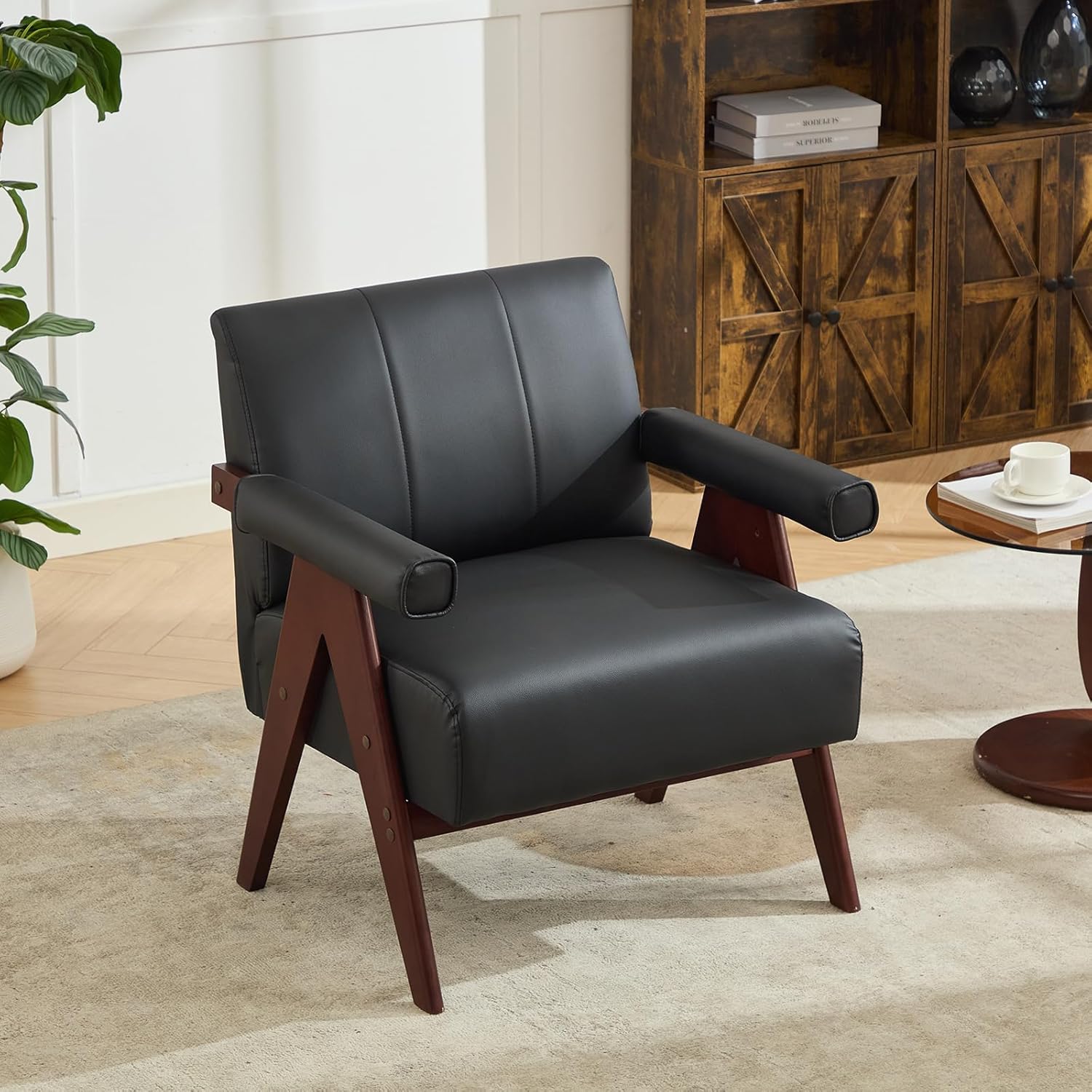 AODAILIHB Black Leather Accent Chair,Mid Century Modern Accent Chair, Solid Wood Frame Black Leather Armchair, Modern Reading & Living Room Chair for Office Guest & Waiting Room