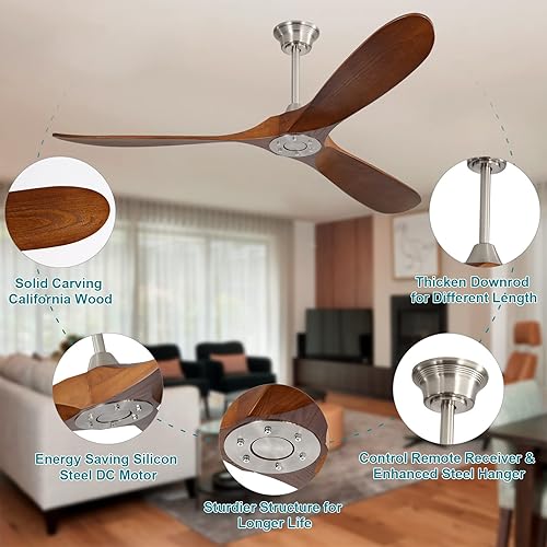 Miniatura 5 de Sofucor - Ventilador de techo sin luces, de 60 pulgadas, de perfil bajo y montaje empotrado, ventilador de techo moderno de madera para interiores,