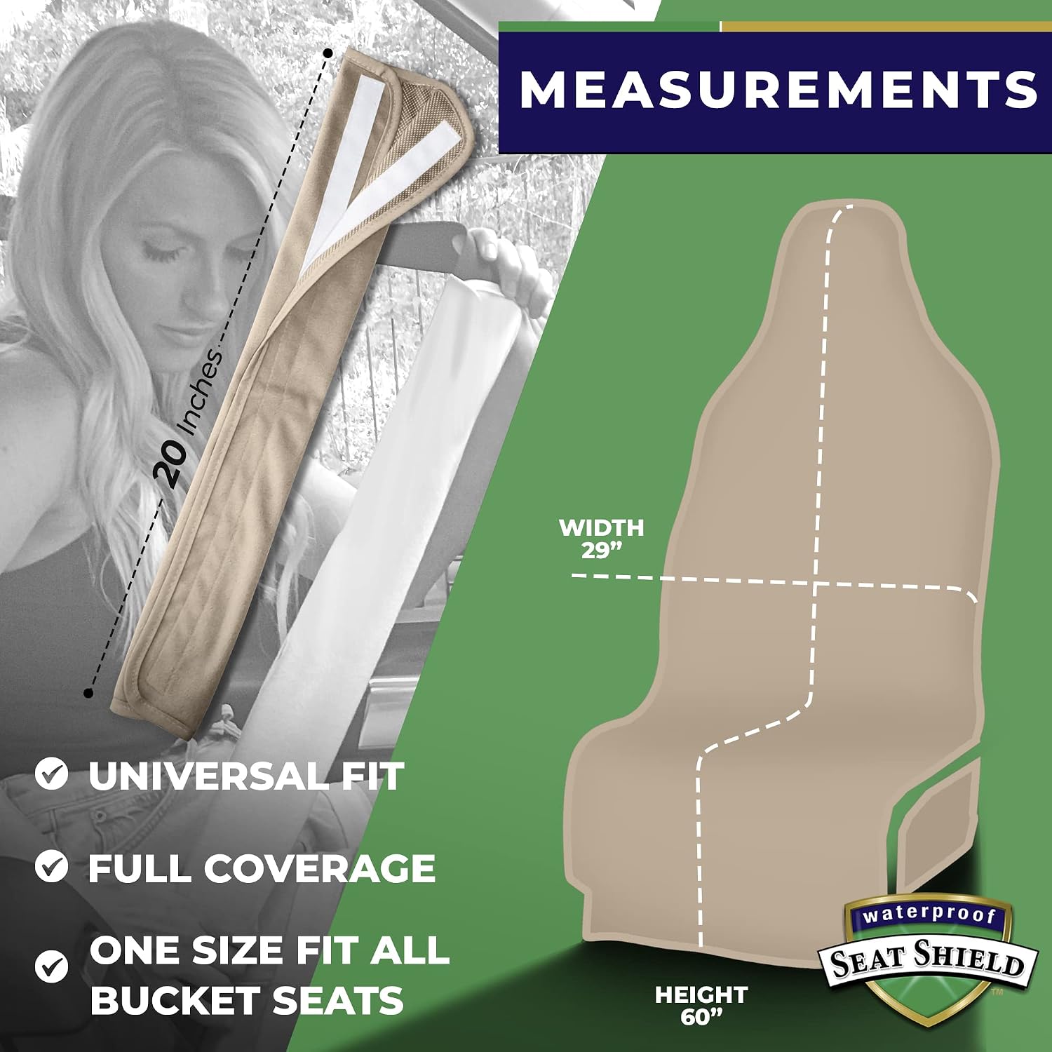 EliteSport Front Seat Cover and Seatbelt Cover - Tan Car Seat Towel and 20in Car Seat Belt Cover for All Vehicles - Seat Belt Cushion for Women, Men, Kids from Sweat, Food, Dirt