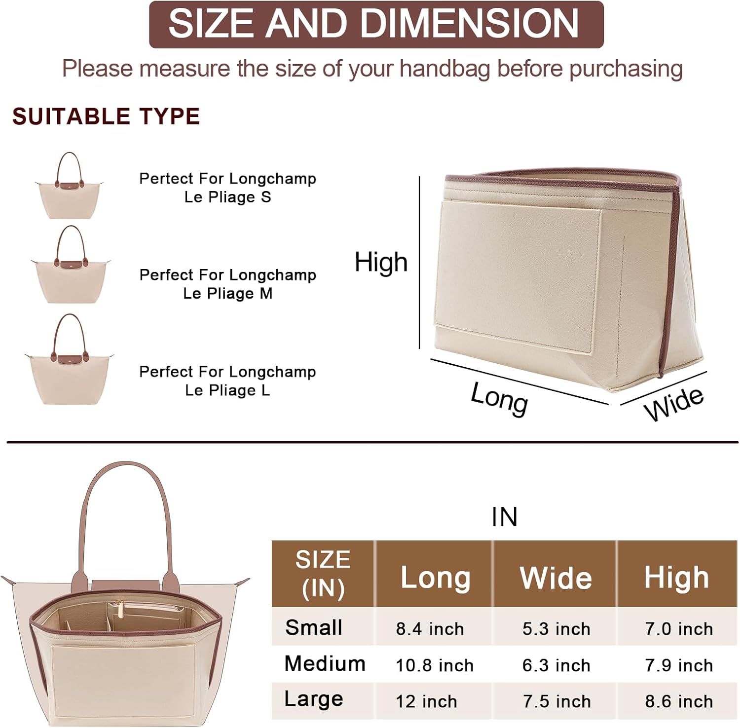Felt Purse Organizer Insert for Longchamp Le Pliage L Bag, Handbag Leather edge Longchamp Organizer Insert with Cup Holder Tote Organize(Beige, Large) - Image 2