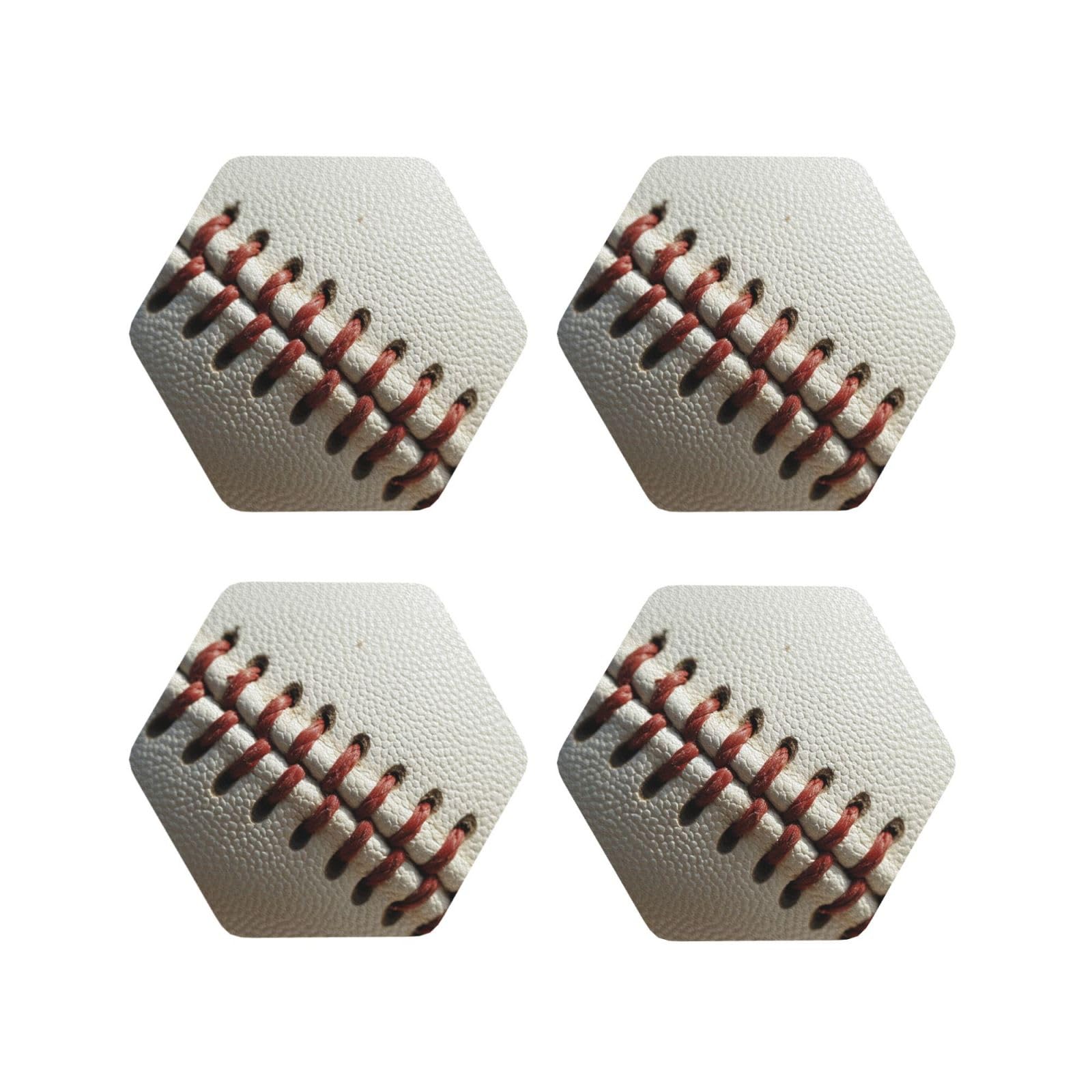 4Pcs PU Leather Coaster for Drinks, Baseball Lace Close Up Cup Coastersr 4" Cup Mat Pad, Aesthetic Drink Coasters for Coffee Table, Hexagon Coaster for Tabletop Protection