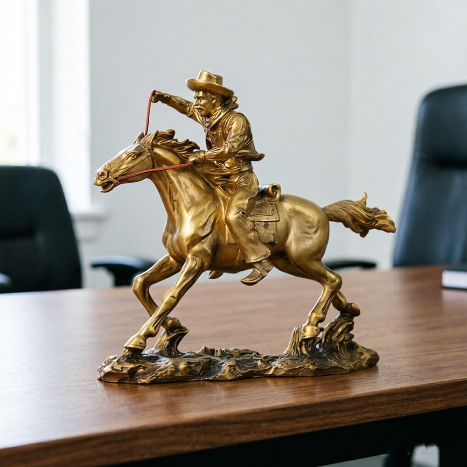 YUZDNM Riding Horse Resin Statue Western Cowboy Riding a Horse Figurine Desktop Sculpture Feng Shui Wealth Prosperity Ornament for Home Office Store