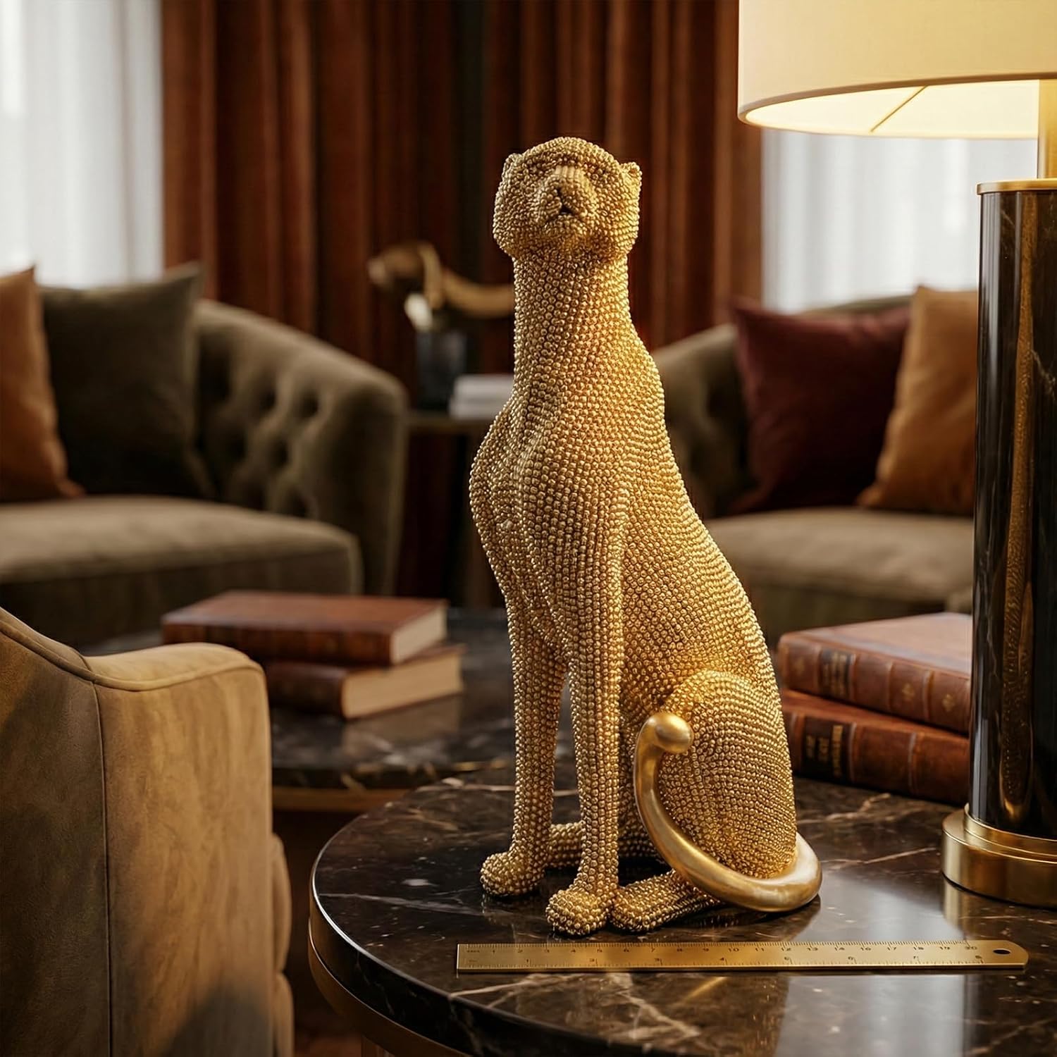 Shlinuo Cheetah Statue Home Decor, Resin Leopard Figurine with Beaded Texture, Modern Panther Sculpture for Living Room Office Bookshelf, Gold Silver Blue Black Decorative Ornament Gift（Gold）