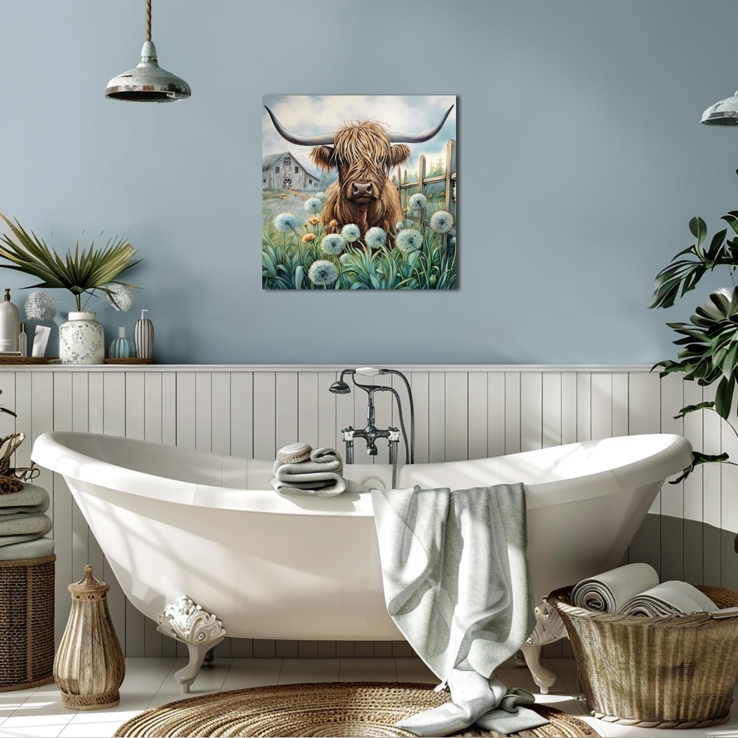YUEYARIT Farmhouse Highland Cow Wall Decor in Teal and Brown: Rustic Cow and Dandelion picture Canvas Art Print, Gift for Bathroom or Kitchen, Ideal Animal Artwork for Living Room