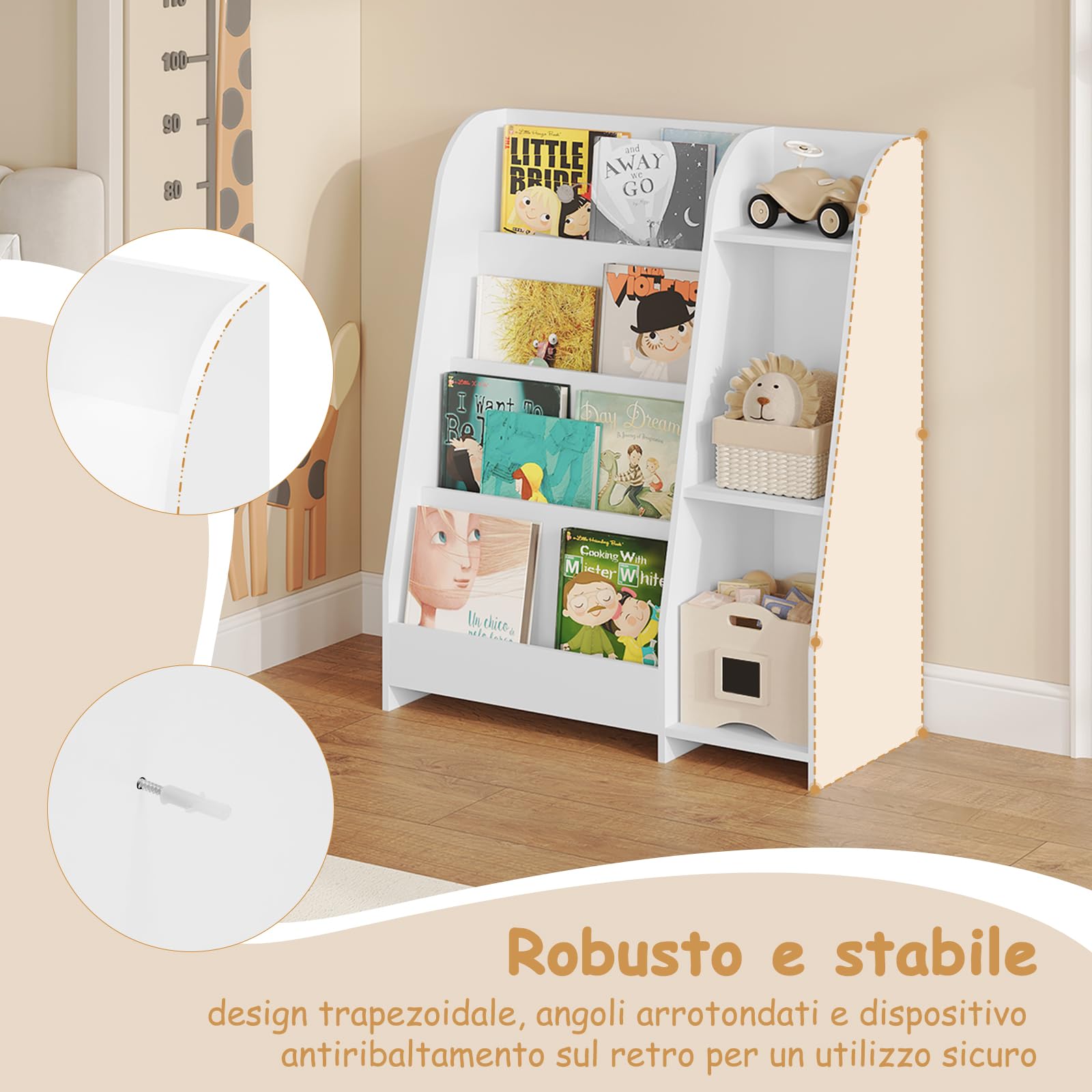 Lestarain Libreria, Scaffale Montessori, con 4 Ripiani e 3 Scomparti, Scaffale per Giocattoli e Libri, Mobile per Cameretta dei Bambini, Bianco, 75x90x34,5 cm
