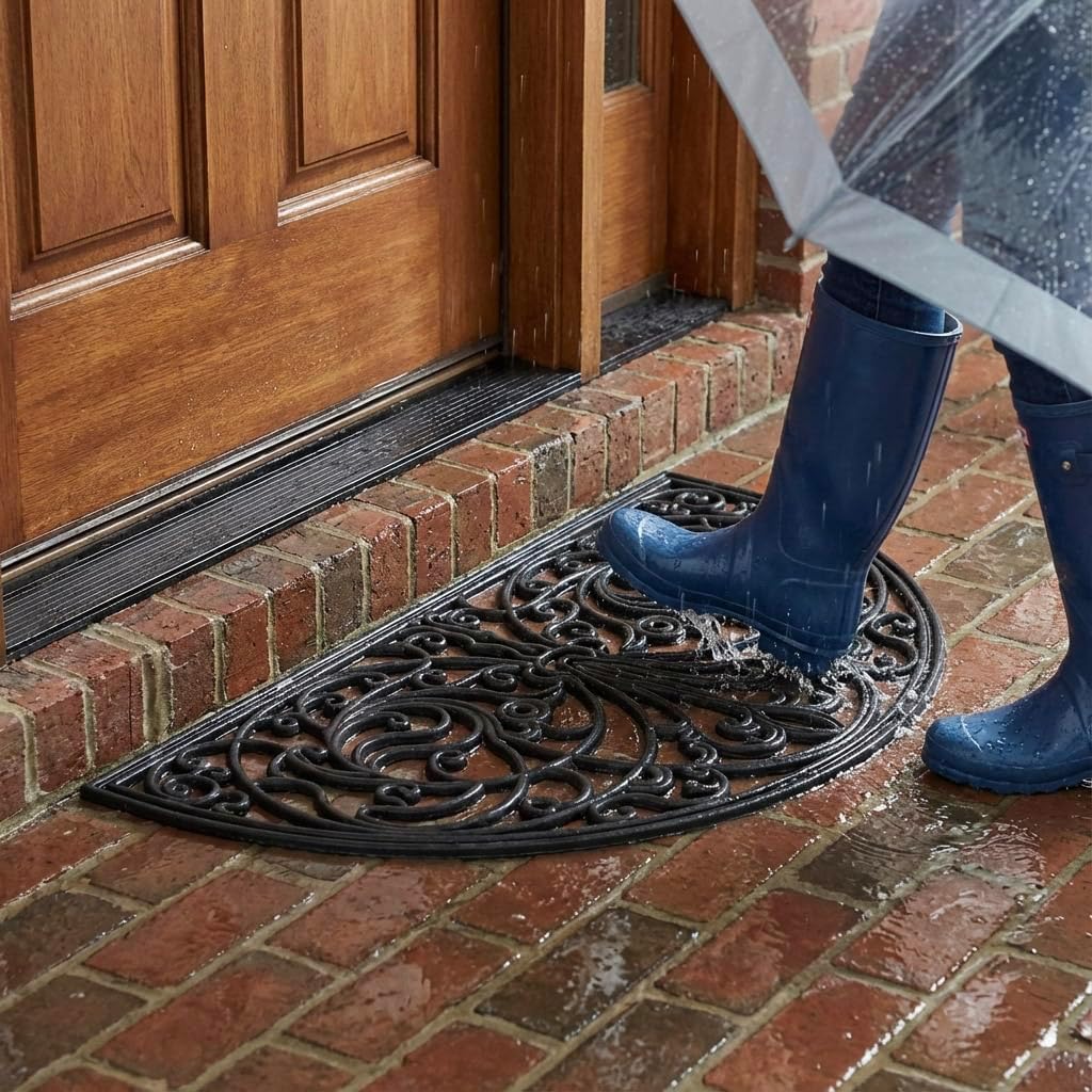 Kempf Rubber Scroll Doormat Half Moon Mat, Indoor Outdoor Entrance Mat, Low Clearance, Functional and Easy to Clean, Wrought Iron Scroll Design