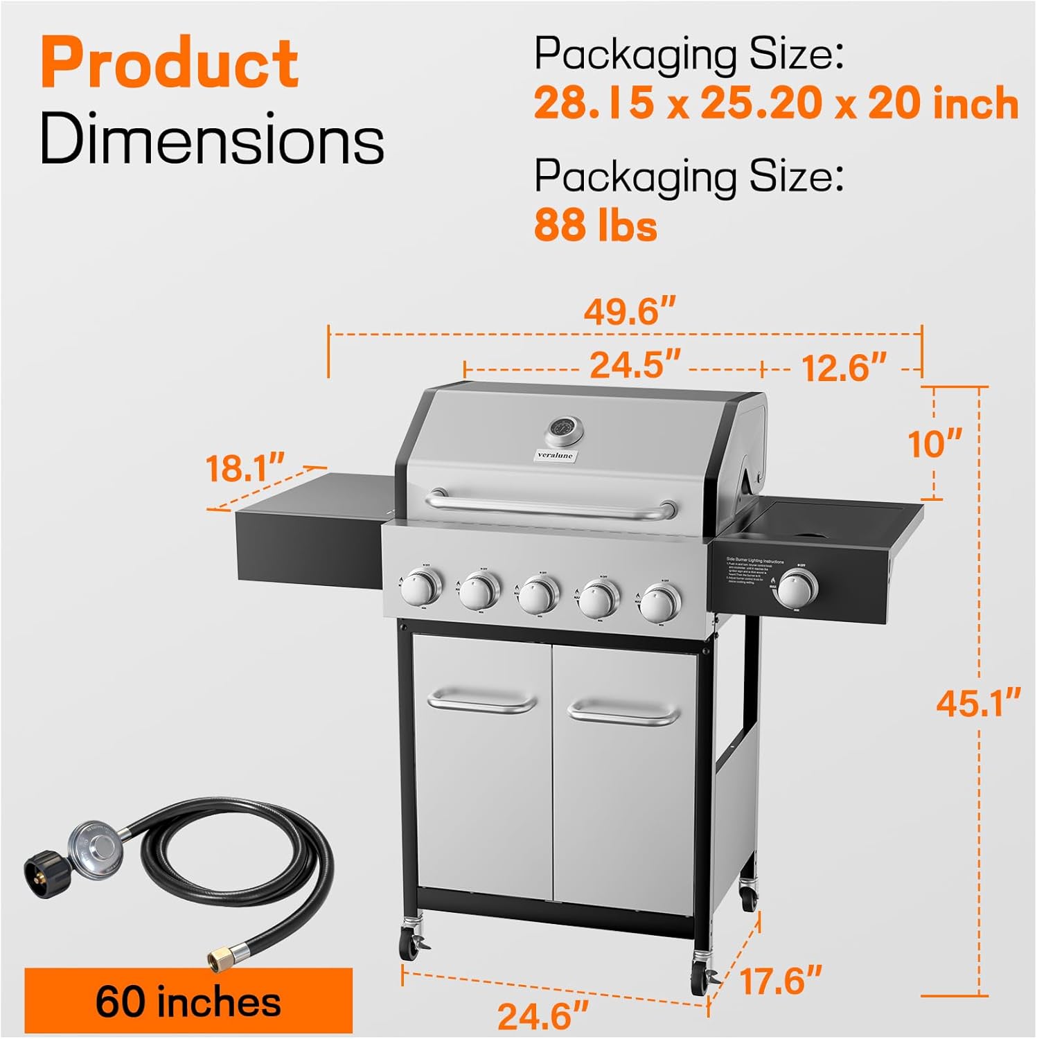 Veralune 5 Burner Propane Gas Grill, 5 Burner BBQ Grill with Side Burner, 5 Burner Outdoor Cooking Grill, 68,000 BTU Heavy-Duty, Stainless Steel, Electronic Ignition System, Built-in Thermometer
