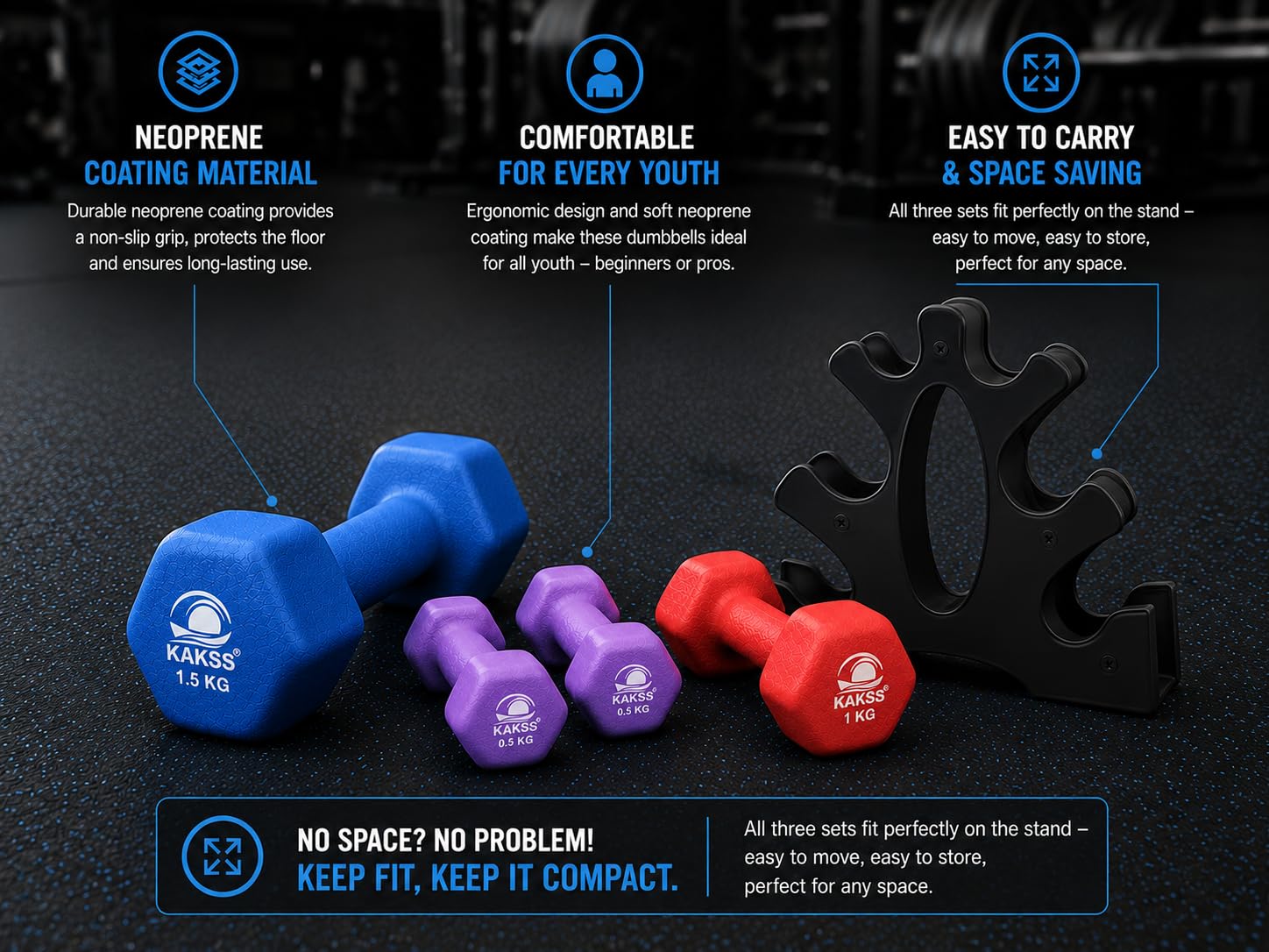 Kakss 6kg Neoprene Dumbbell Set with Stand -3