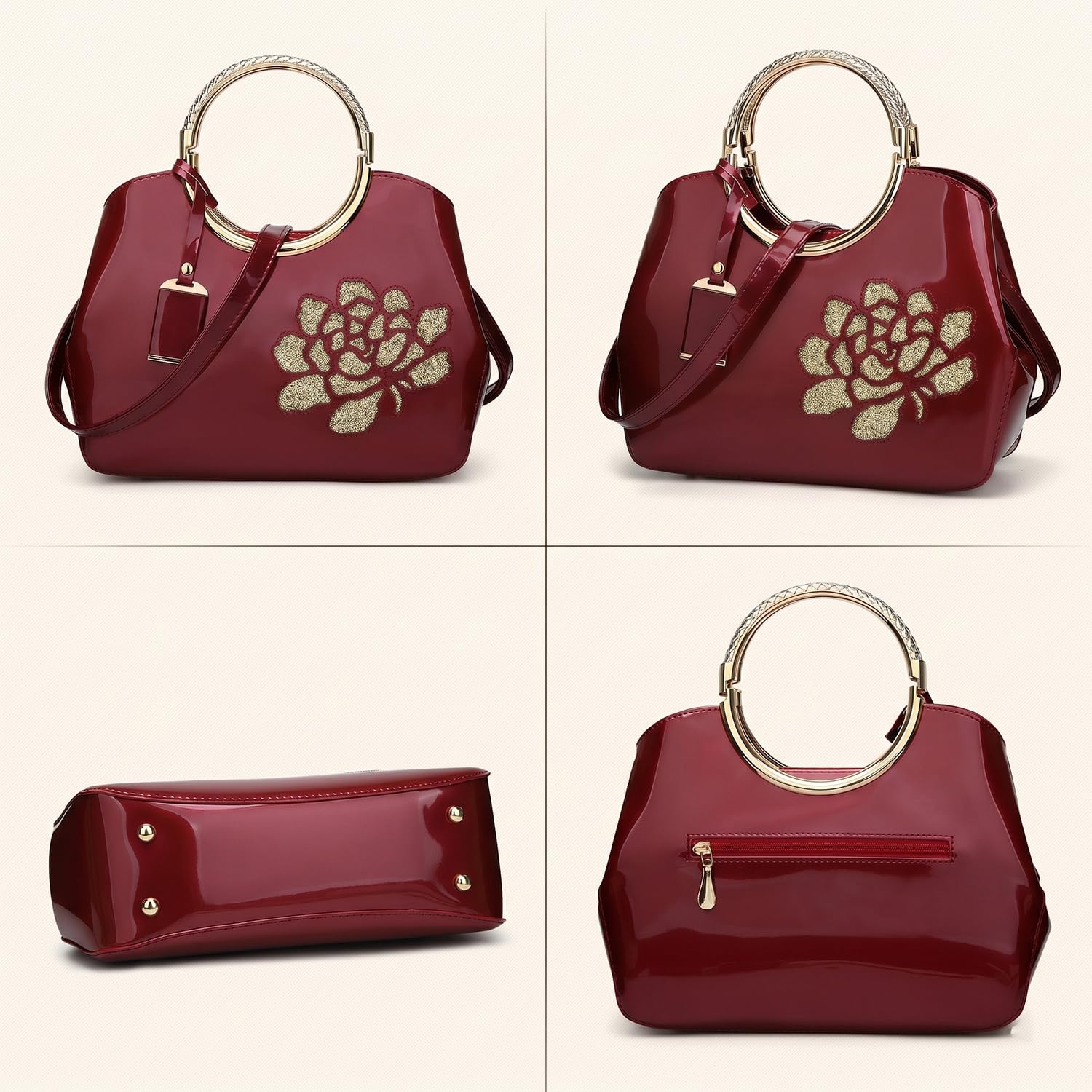 Bolsos de Mano con Bandolera en Cuero de Patente de PU para Mujer Bolso de Hombro Bolsos Bandolera Bolso de señora para Mamá Negro
