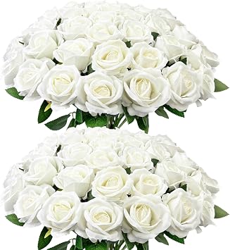 50 PCS Bulk Artificial Flowers, Fake Velvet Silk White Roses W/ Long Stems